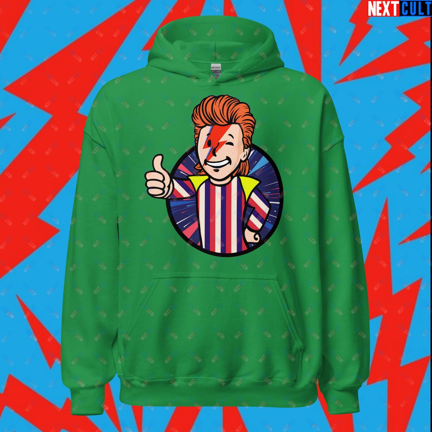 Rebel Boy David Bowie Music Vault Boy Fallout Funny Meme Cartoon Mashup Unisex Hoodie Irish Green Hoodies David Bowie Fallout Music Vault Boy Next Cult Brand