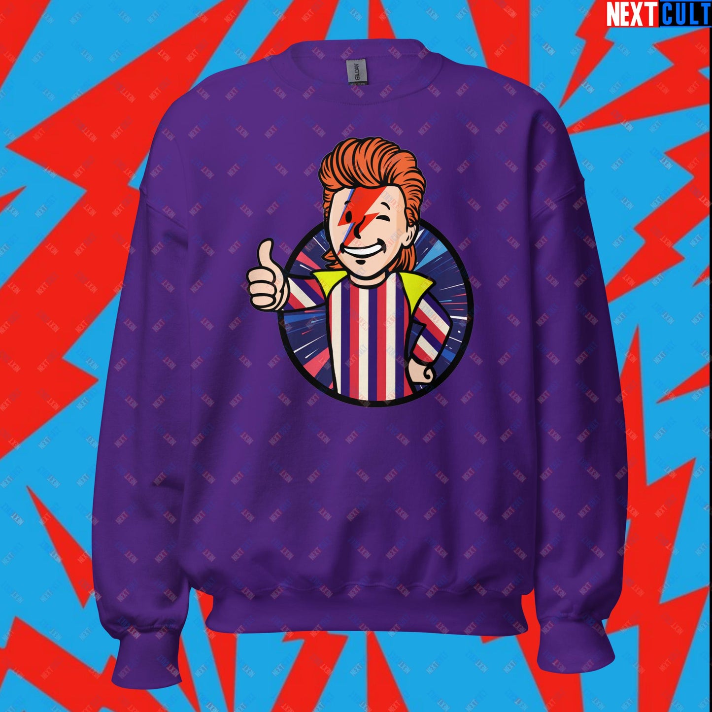 Rebel Boy David Bowie Music Vault Boy Fallout Funny Meme Cartoon Mashup Unisex Sweatshirt Purple Sweatshirts David Bowie Fallout Music Vault Boy Next Cult Brand