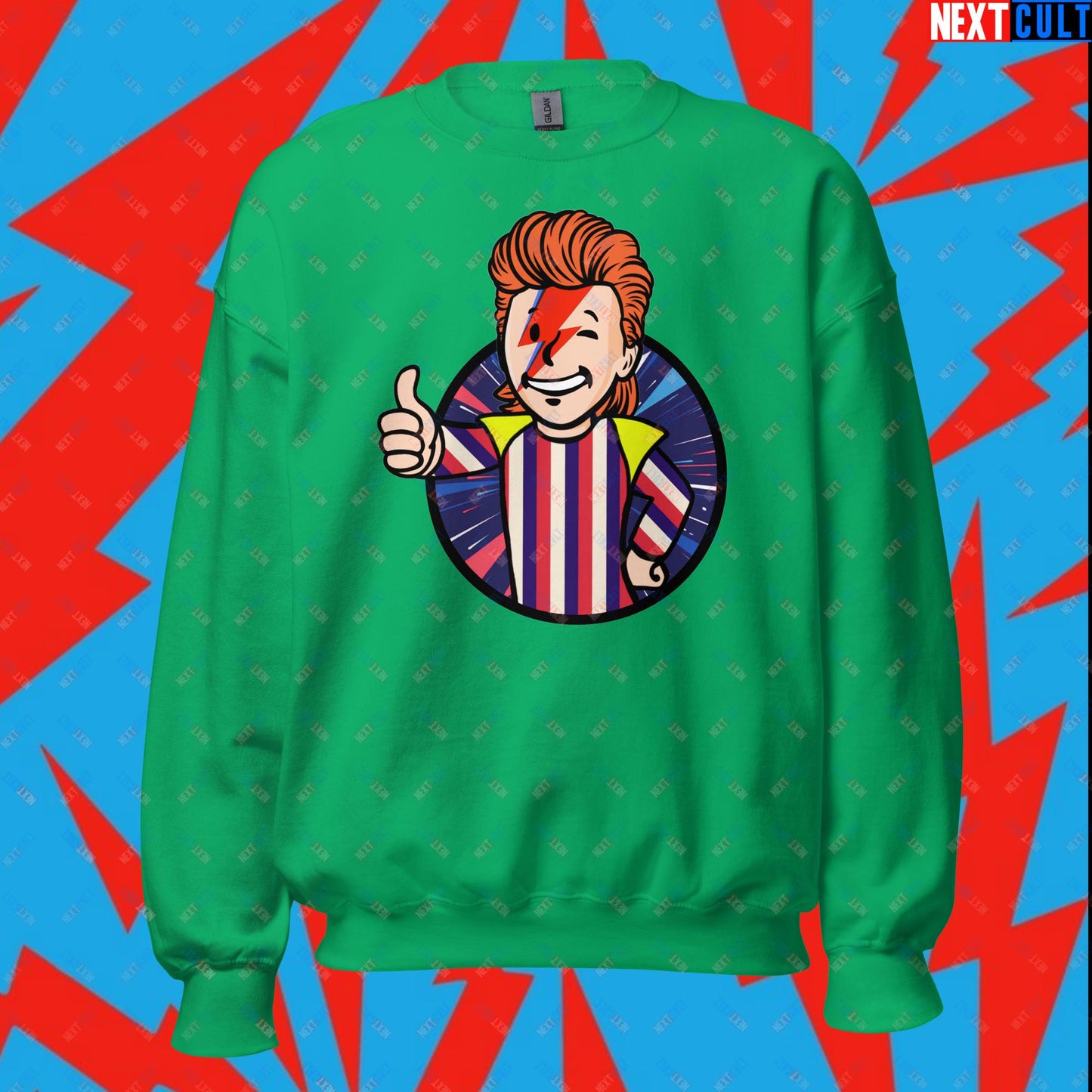 Rebel Boy David Bowie Music Vault Boy Fallout Funny Meme Cartoon Mashup Unisex Sweatshirt Irish Green Sweatshirts David Bowie Fallout Music Vault Boy Next Cult Brand