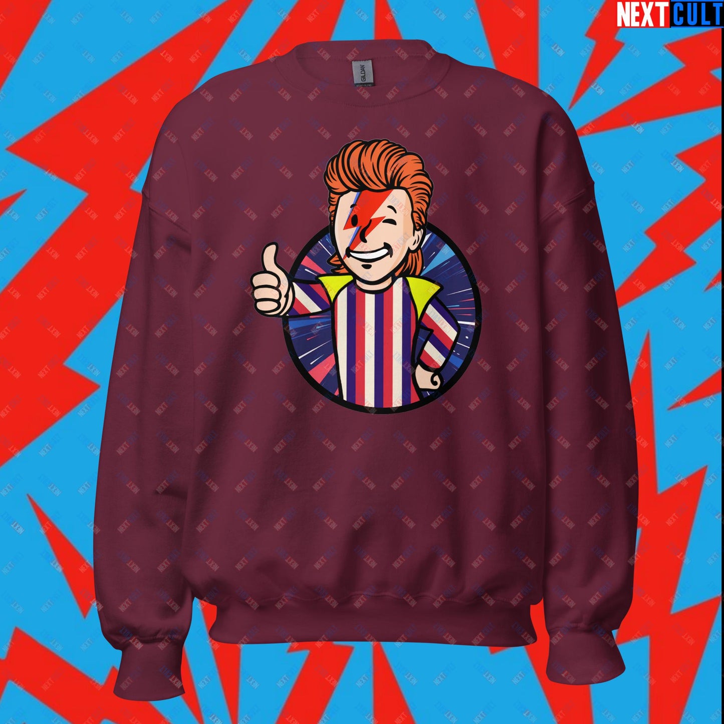 Rebel Boy David Bowie Music Vault Boy Fallout Funny Meme Cartoon Mashup Unisex Sweatshirt Maroon Sweatshirts David Bowie Fallout Music Vault Boy Next Cult Brand