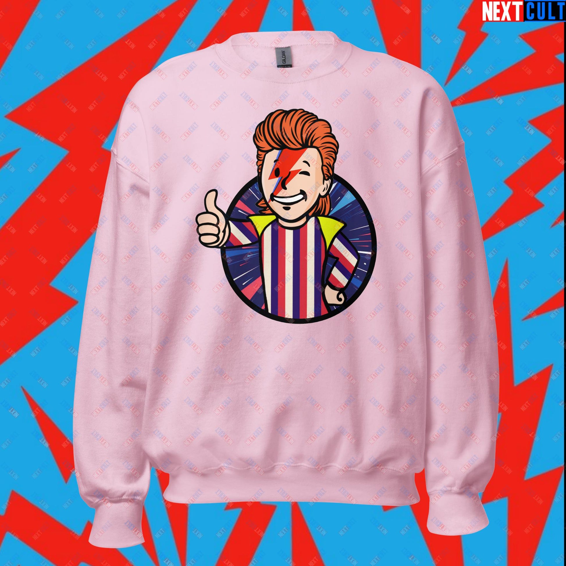 Rebel Boy David Bowie Music Vault Boy Fallout Funny Meme Cartoon Mashup Unisex Sweatshirt Light Pink Sweatshirts David Bowie Fallout Music Vault Boy Next Cult Brand