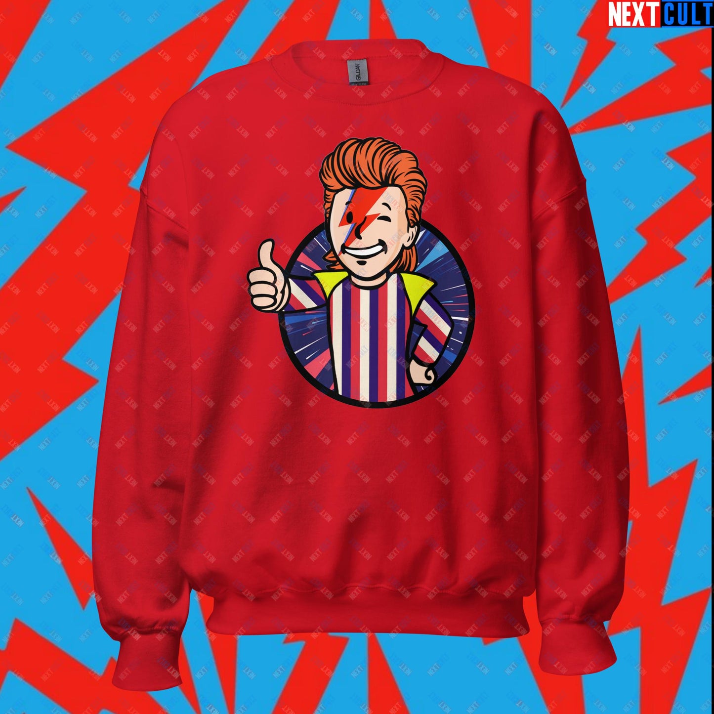 Rebel Boy David Bowie Music Vault Boy Fallout Funny Meme Cartoon Mashup Unisex Sweatshirt Red Sweatshirts David Bowie Fallout Music Vault Boy Next Cult Brand