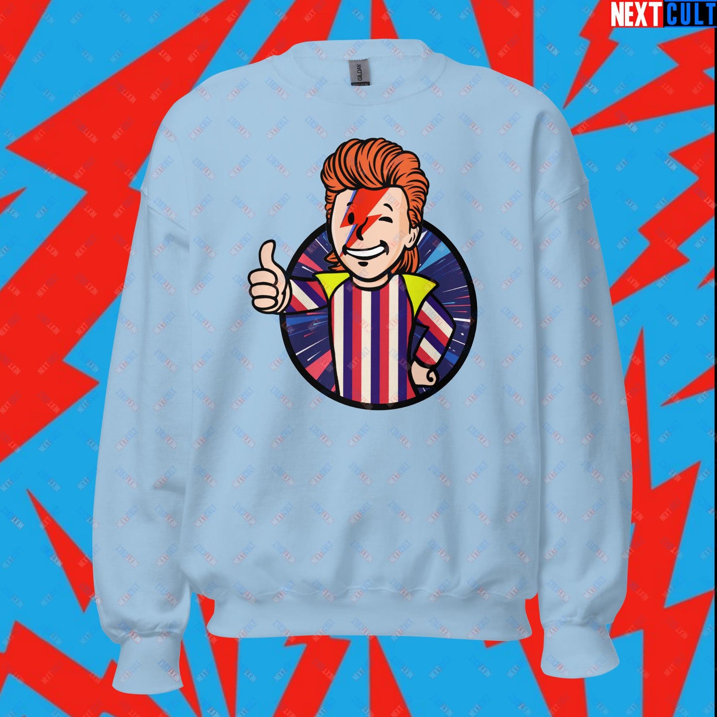 Rebel Boy David Bowie Music Vault Boy Fallout Funny Meme Cartoon Mashup Unisex Sweatshirt Light Blue Sweatshirts David Bowie Fallout Music Vault Boy Next Cult Brand