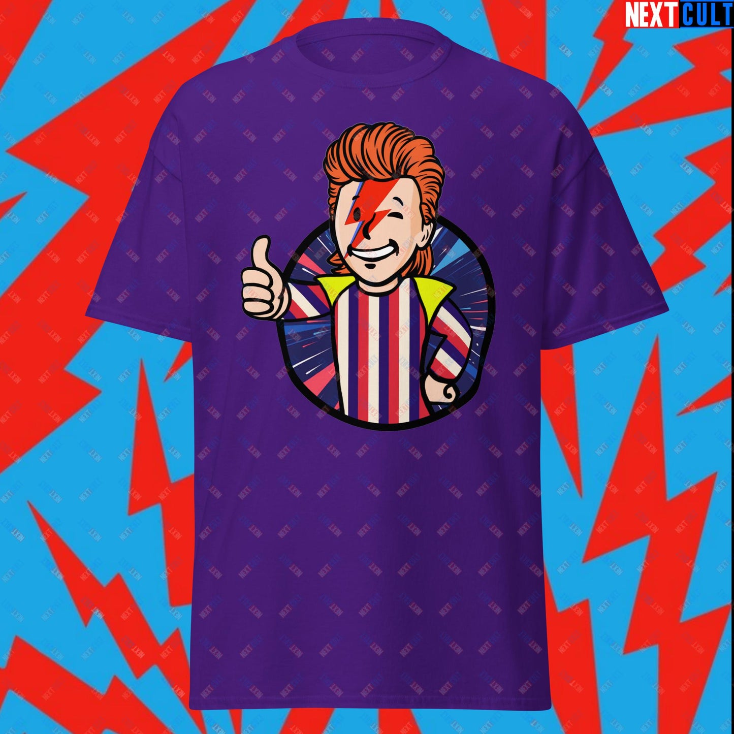 Rebel Boy David Bowie Music Vault Boy Fallout Funny Meme Cartoon Mashup Unisex tee Purple T-shirts David Bowie Fallout Music Vault Boy Next Cult Brand