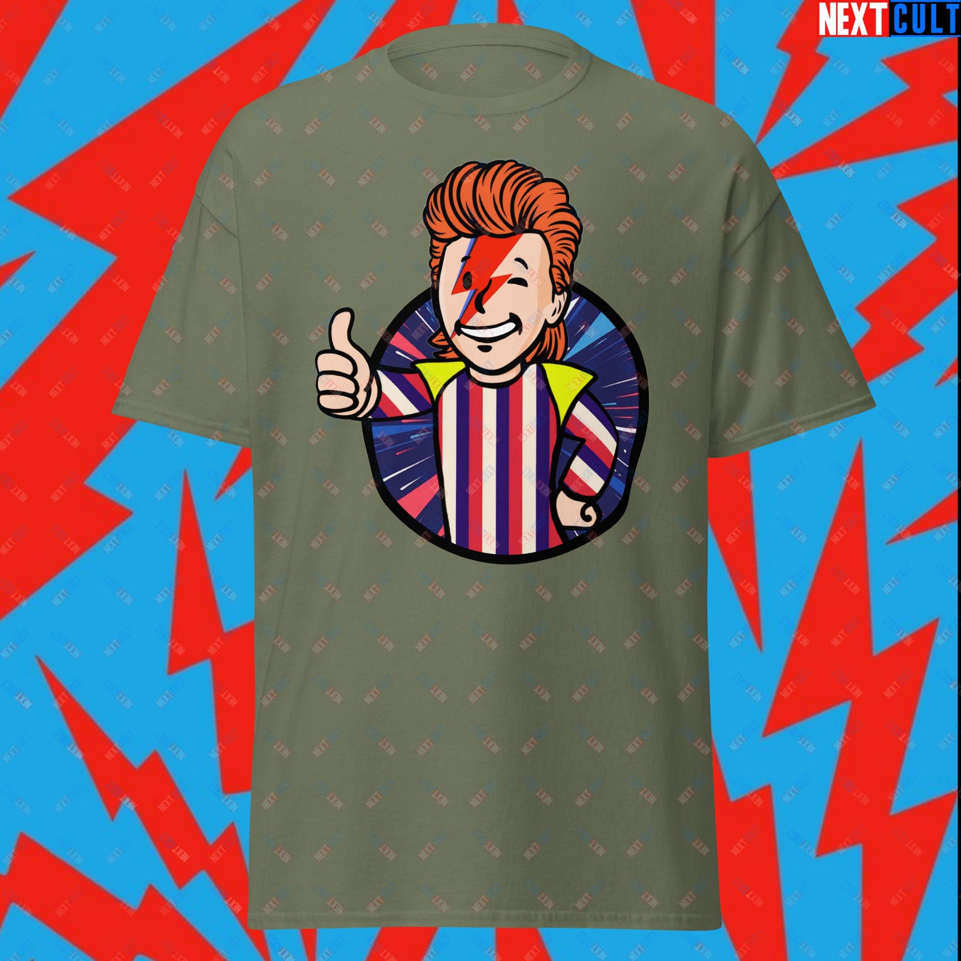 Rebel Boy David Bowie Music Vault Boy Fallout Funny Meme Cartoon Mashup Unisex tee Military Green T-shirts David Bowie Fallout Music Vault Boy Next Cult Brand