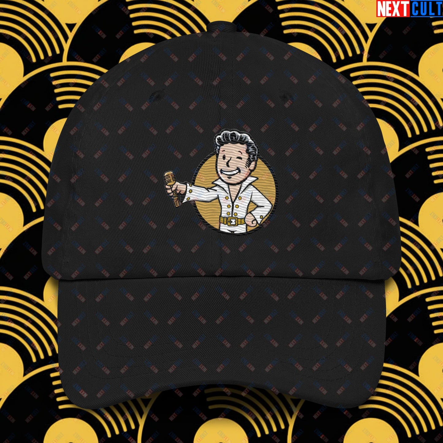 Rock 'n' Roll Boy Elvis Presley Music Vault Boy Fallout Funny Meme Cartoon Mashup Dad hat Black Hats Elvis Presley Fallout Music Vault Boy Next Cult Brand