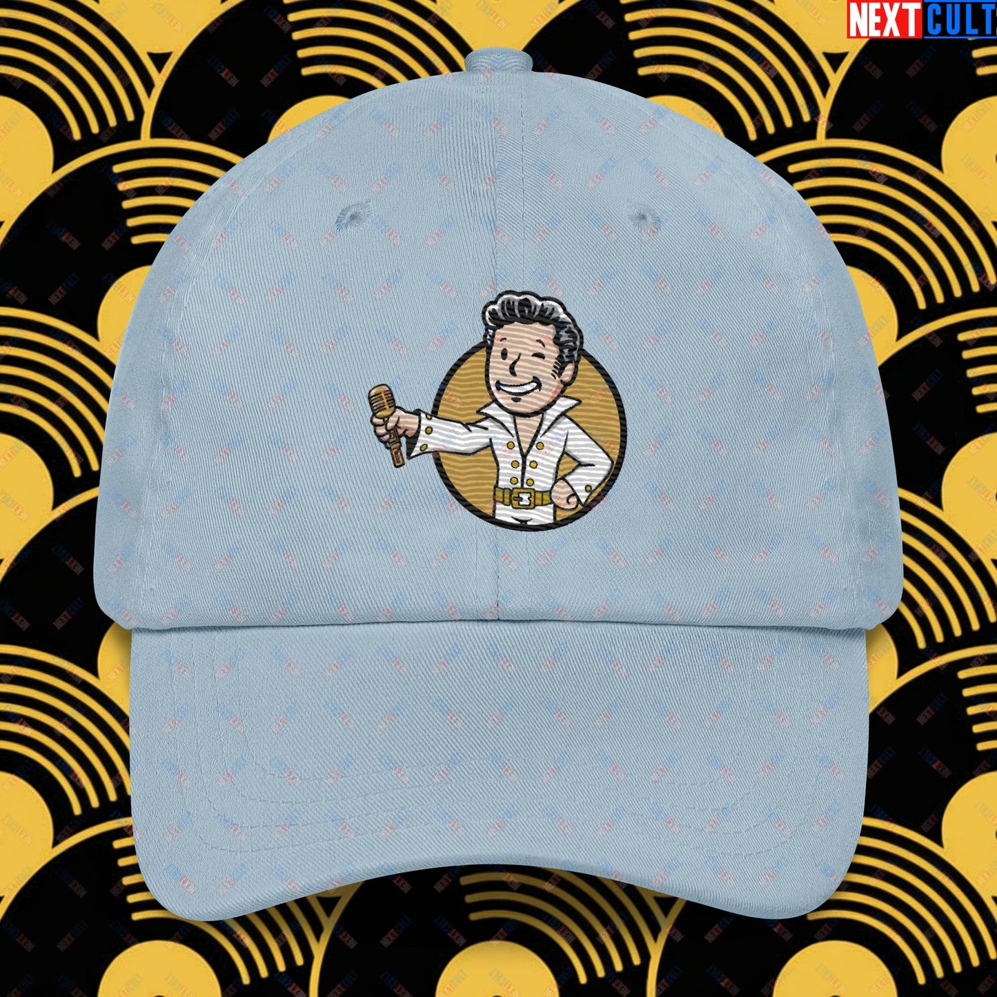 Rock 'n' Roll Boy Elvis Presley Music Vault Boy Fallout Funny Meme Cartoon Mashup Dad hat Light Blue Hats Elvis Presley Fallout Music Vault Boy Next Cult Brand