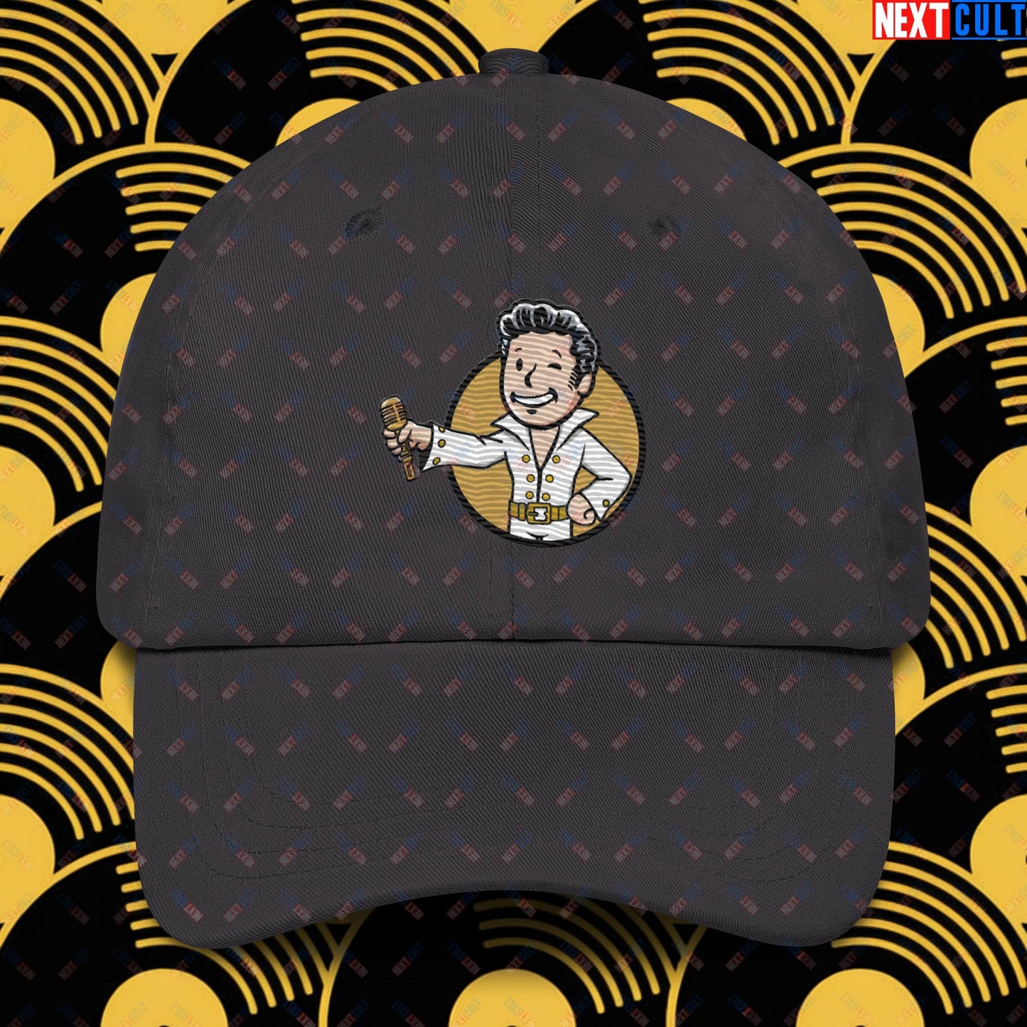 Rock 'n' Roll Boy Elvis Presley Music Vault Boy Fallout Funny Meme Cartoon Mashup Dad hat Dark Grey Hats Elvis Presley Fallout Music Vault Boy Next Cult Brand