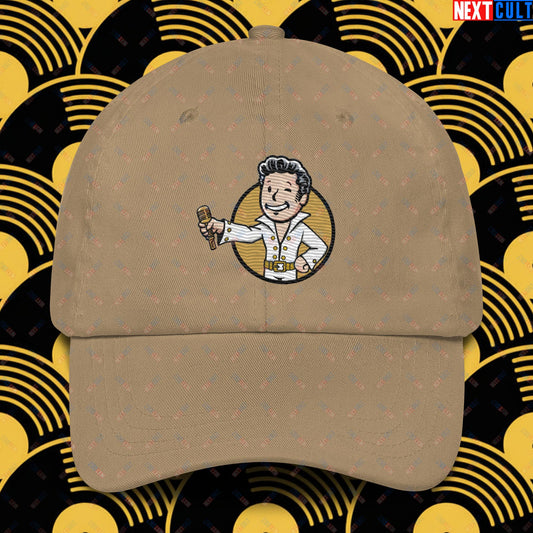 Rock 'n' Roll Boy Elvis Presley Music Vault Boy Fallout Funny Meme Cartoon Mashup Dad hat Khaki Hats Elvis Presley Fallout Music Vault Boy Next Cult Brand