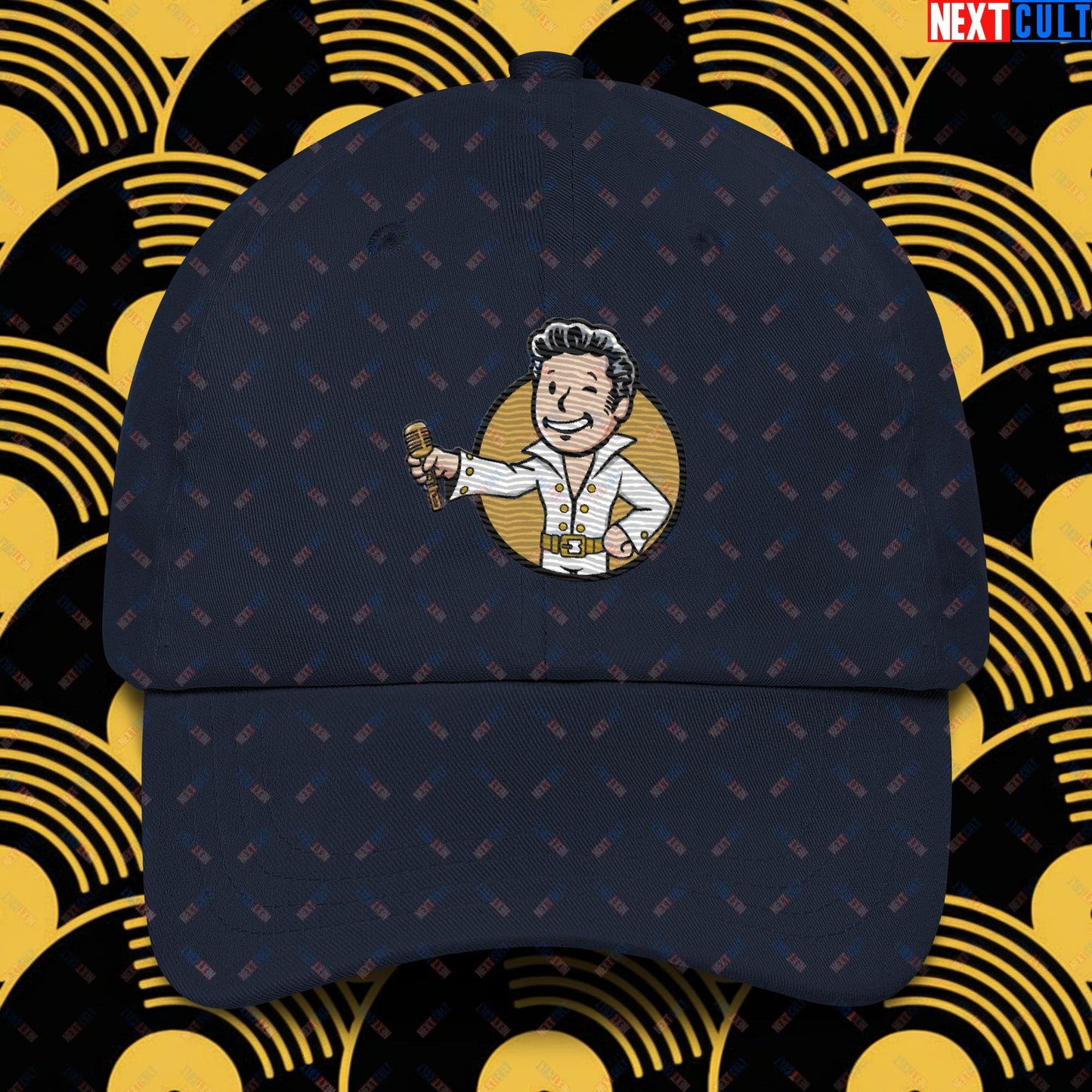 Rock 'n' Roll Boy Elvis Presley Music Vault Boy Fallout Funny Meme Cartoon Mashup Dad hat Navy Hats Elvis Presley Fallout Music Vault Boy Next Cult Brand