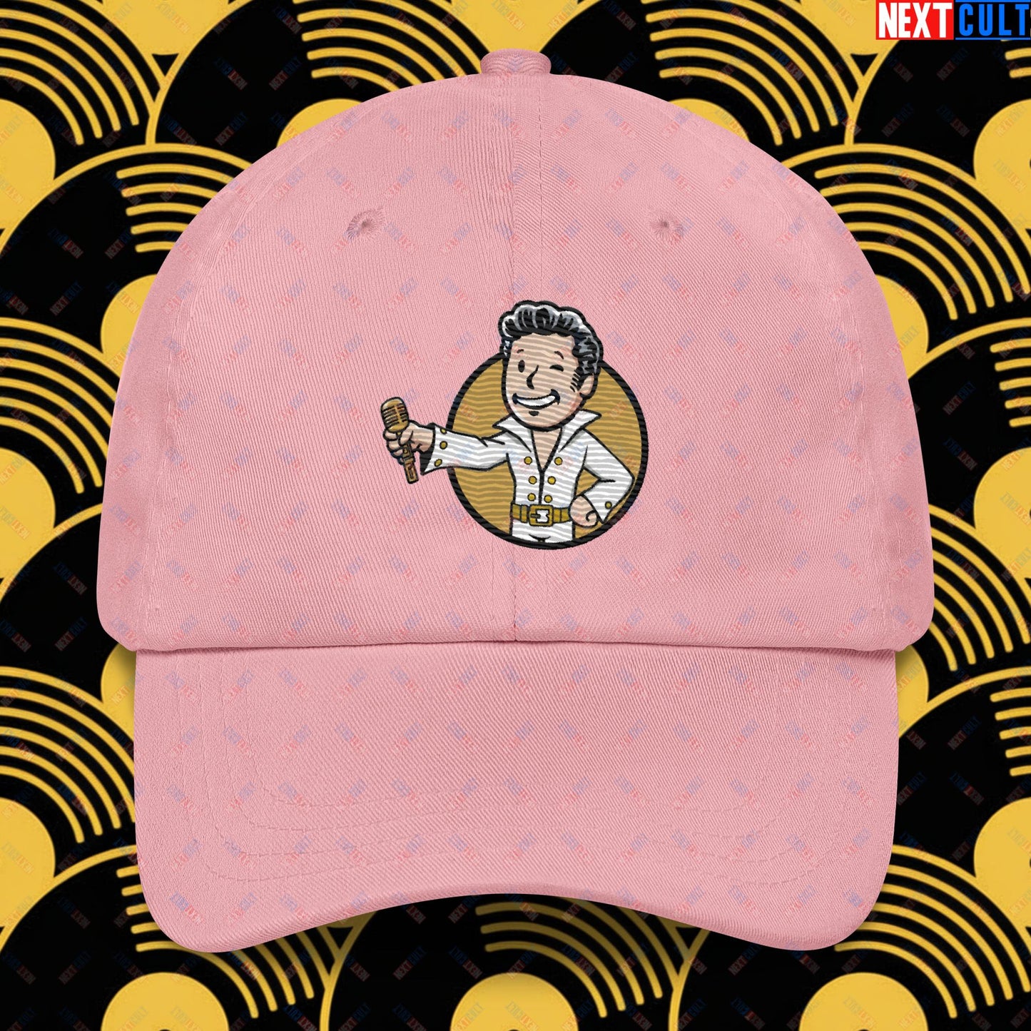 Rock 'n' Roll Boy Elvis Presley Music Vault Boy Fallout Funny Meme Cartoon Mashup Dad hat Pink Hats Elvis Presley Fallout Music Vault Boy Next Cult Brand