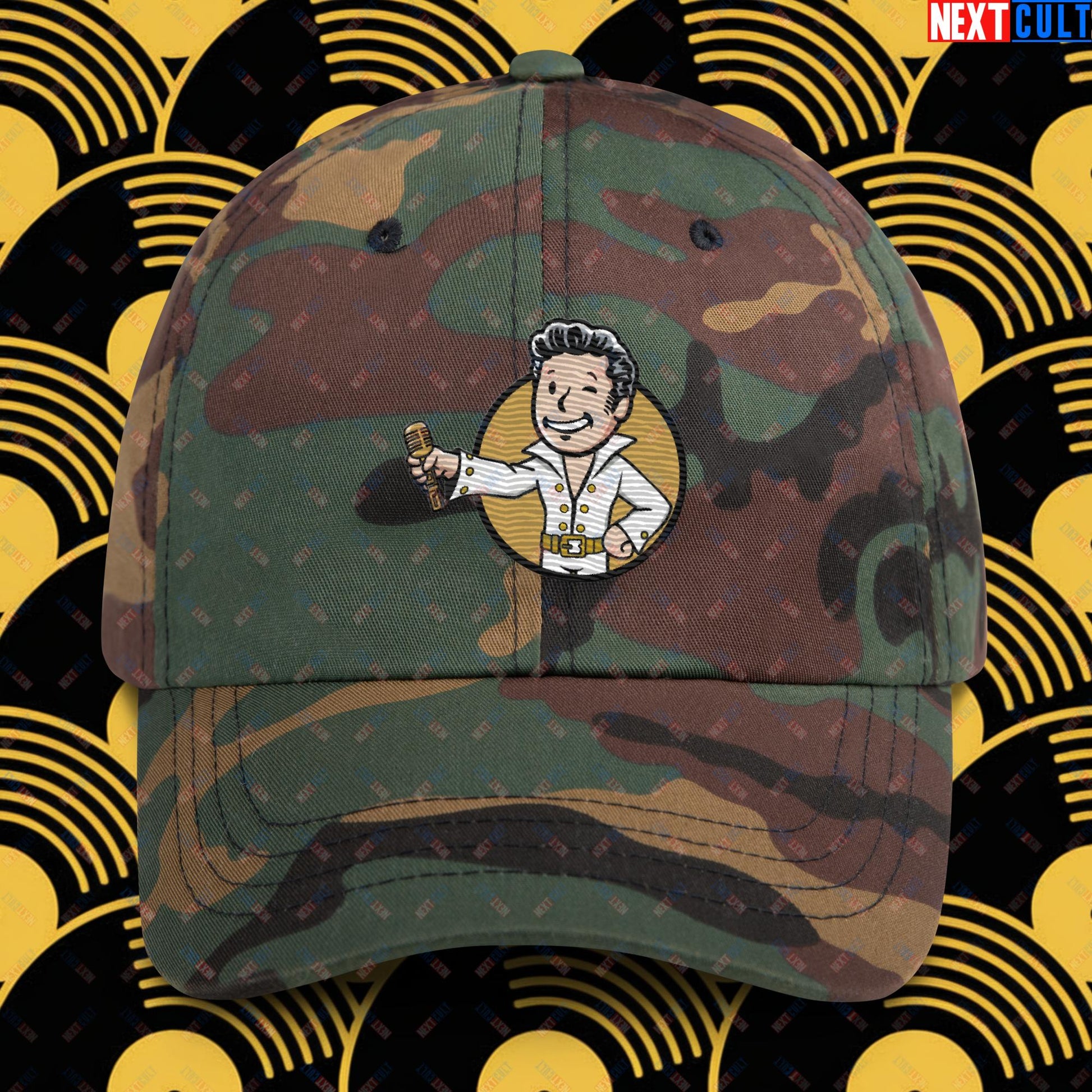 Rock 'n' Roll Boy Elvis Presley Music Vault Boy Fallout Funny Meme Cartoon Mashup Dad hat Green Camo Hats Elvis Presley Fallout Music Vault Boy Next Cult Brand