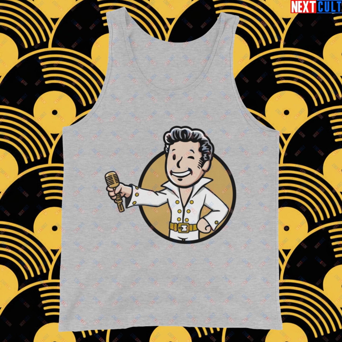 Rock 'n' Roll Boy Elvis Presley Music Vault Boy Fallout Funny Meme Cartoon Mashup Tank Top Athletic Heather Tank Tops Elvis Presley Fallout Music Vault Boy Next Cult Brand