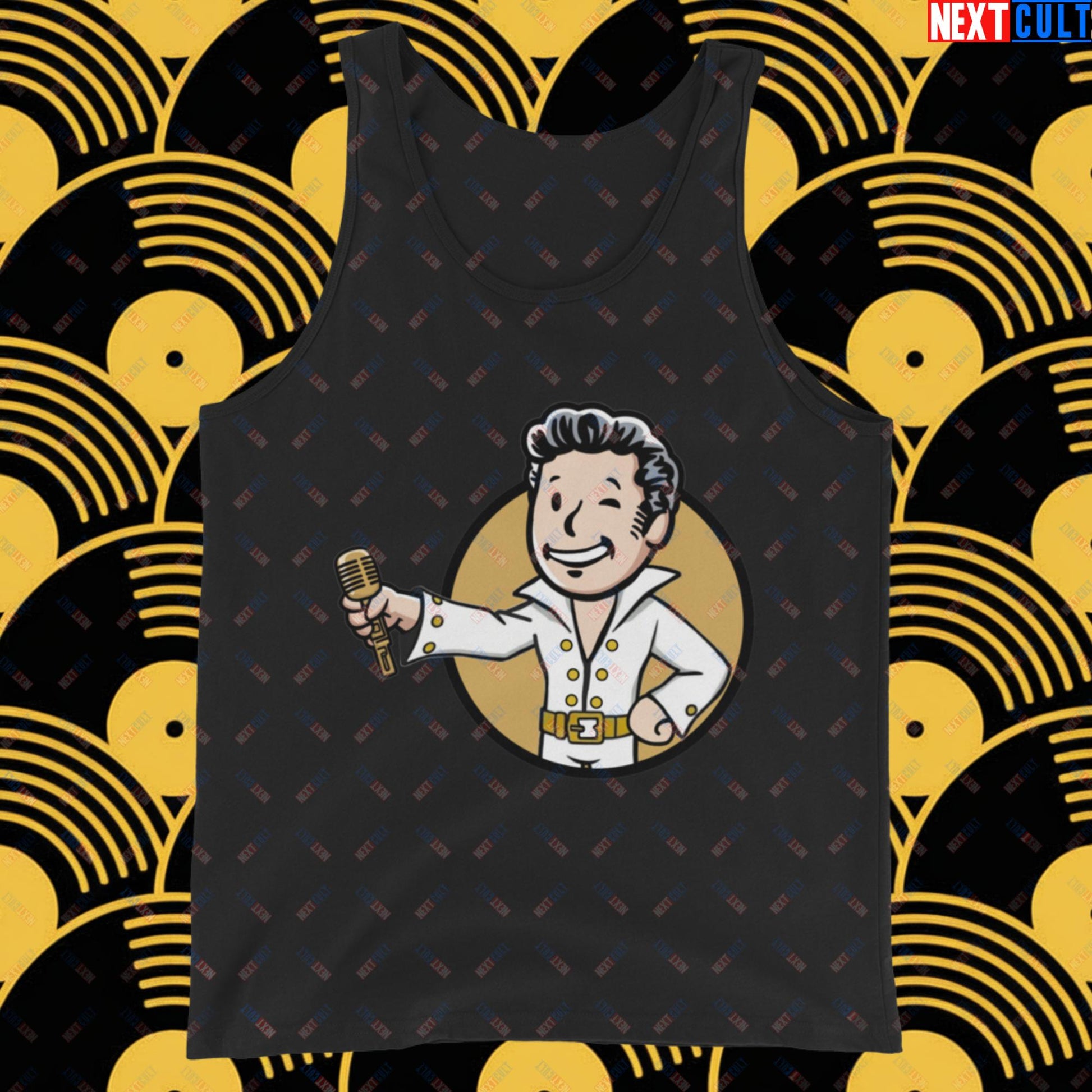 Rock 'n' Roll Boy Elvis Presley Music Vault Boy Fallout Funny Meme Cartoon Mashup Tank Top Black Tank Tops Elvis Presley Fallout Music Vault Boy Next Cult Brand