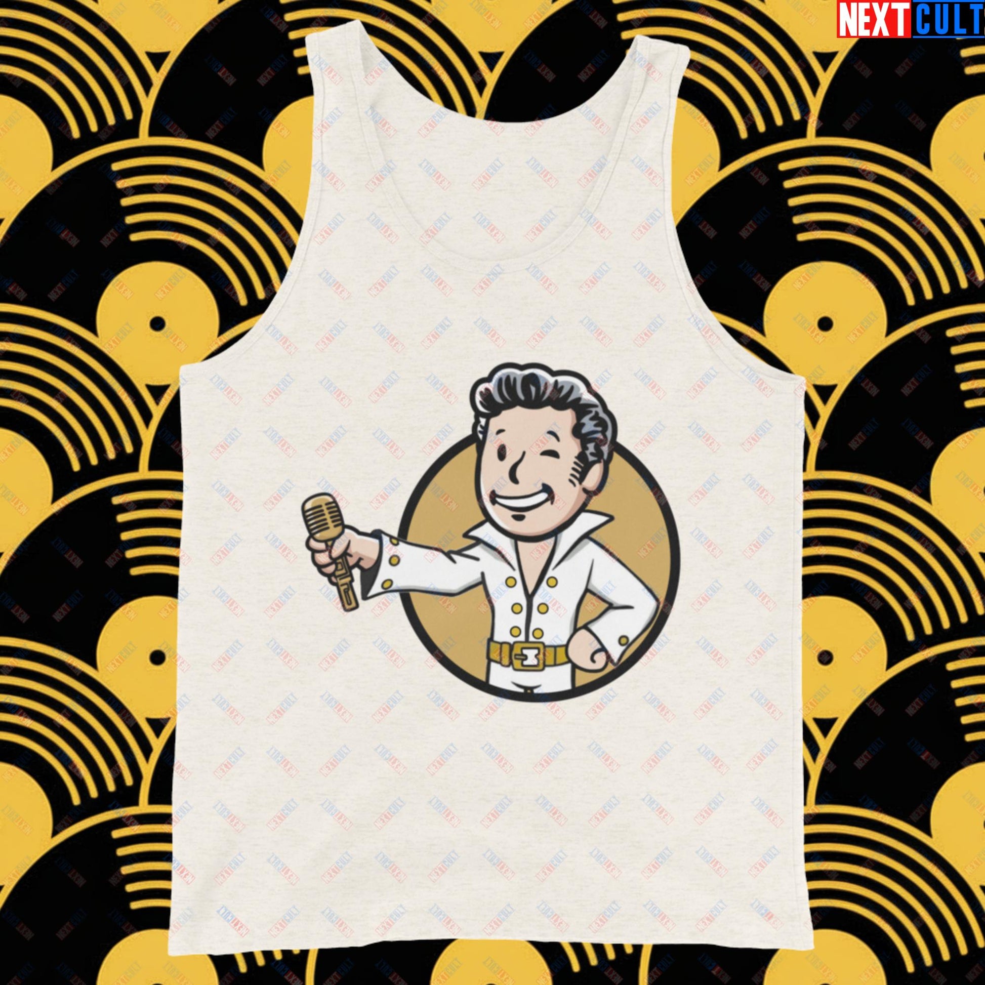 Rock 'n' Roll Boy Elvis Presley Music Vault Boy Fallout Funny Meme Cartoon Mashup Tank Top Oatmeal Triblend Tank Tops Elvis Presley Fallout Music Vault Boy Next Cult Brand