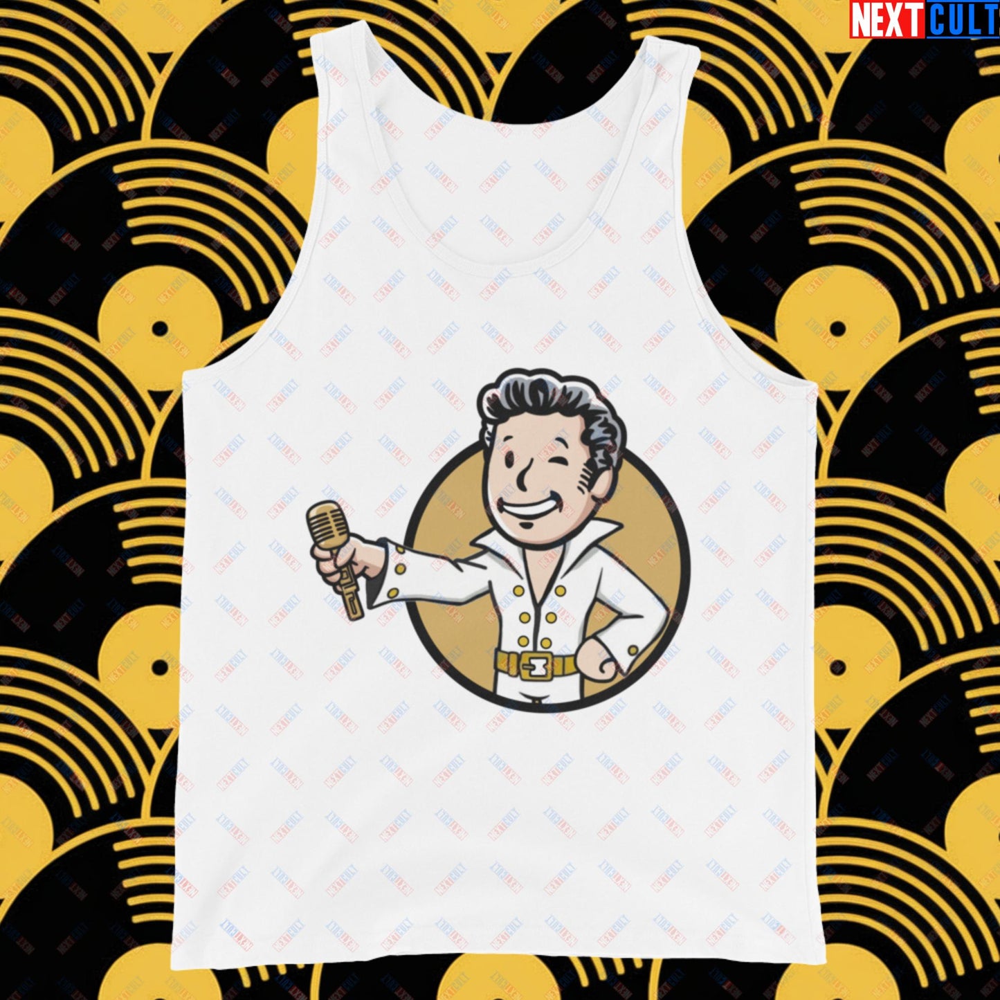 Rock 'n' Roll Boy Elvis Presley Music Vault Boy Fallout Funny Meme Cartoon Mashup Tank Top White Tank Tops Elvis Presley Fallout Music Vault Boy Next Cult Brand