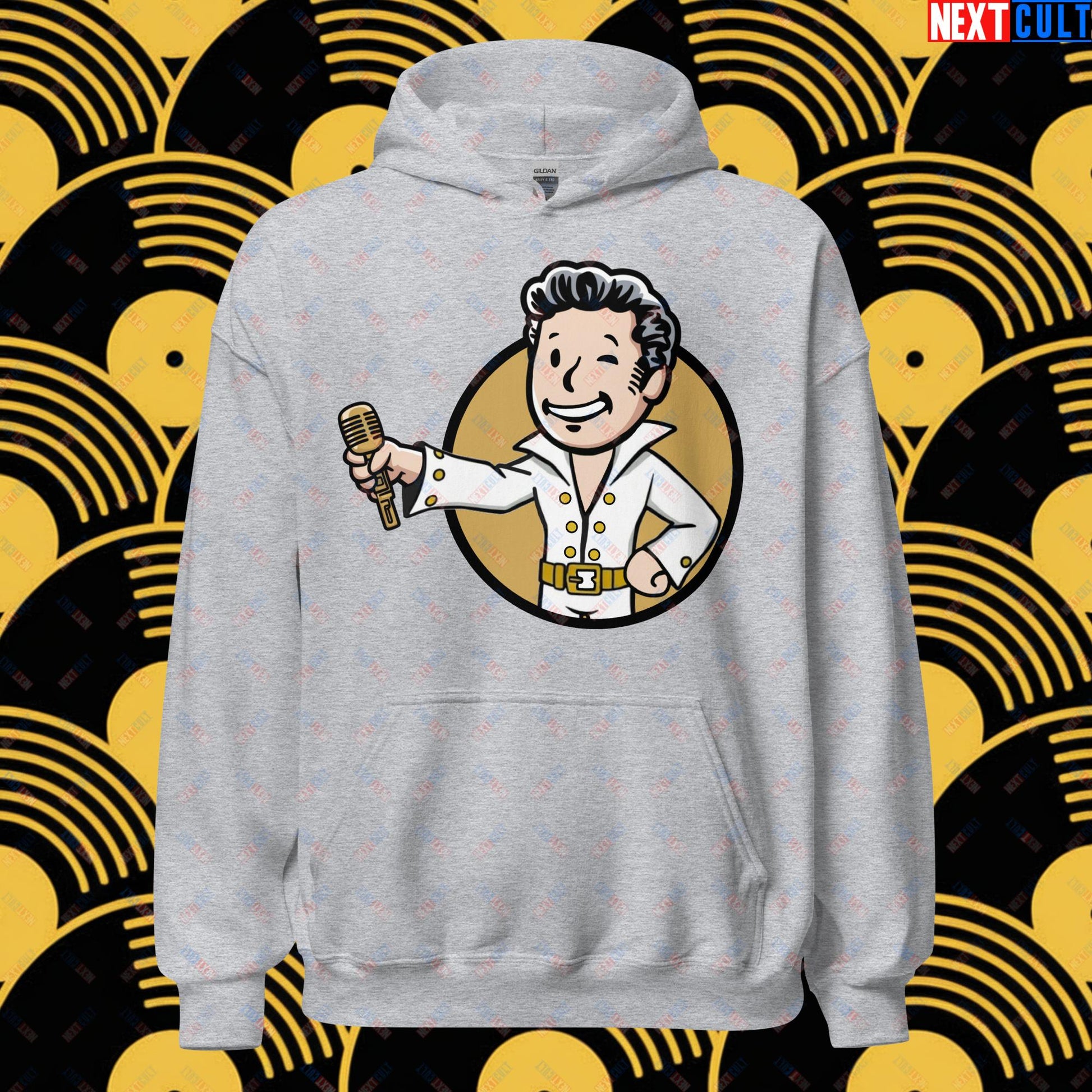 Rock 'n' Roll Boy Elvis Presley Music Vault Boy Fallout Funny Meme Cartoon Mashup Unisex Hoodie Sport Grey Hoodies Elvis Presley Fallout Music Vault Boy Next Cult Brand