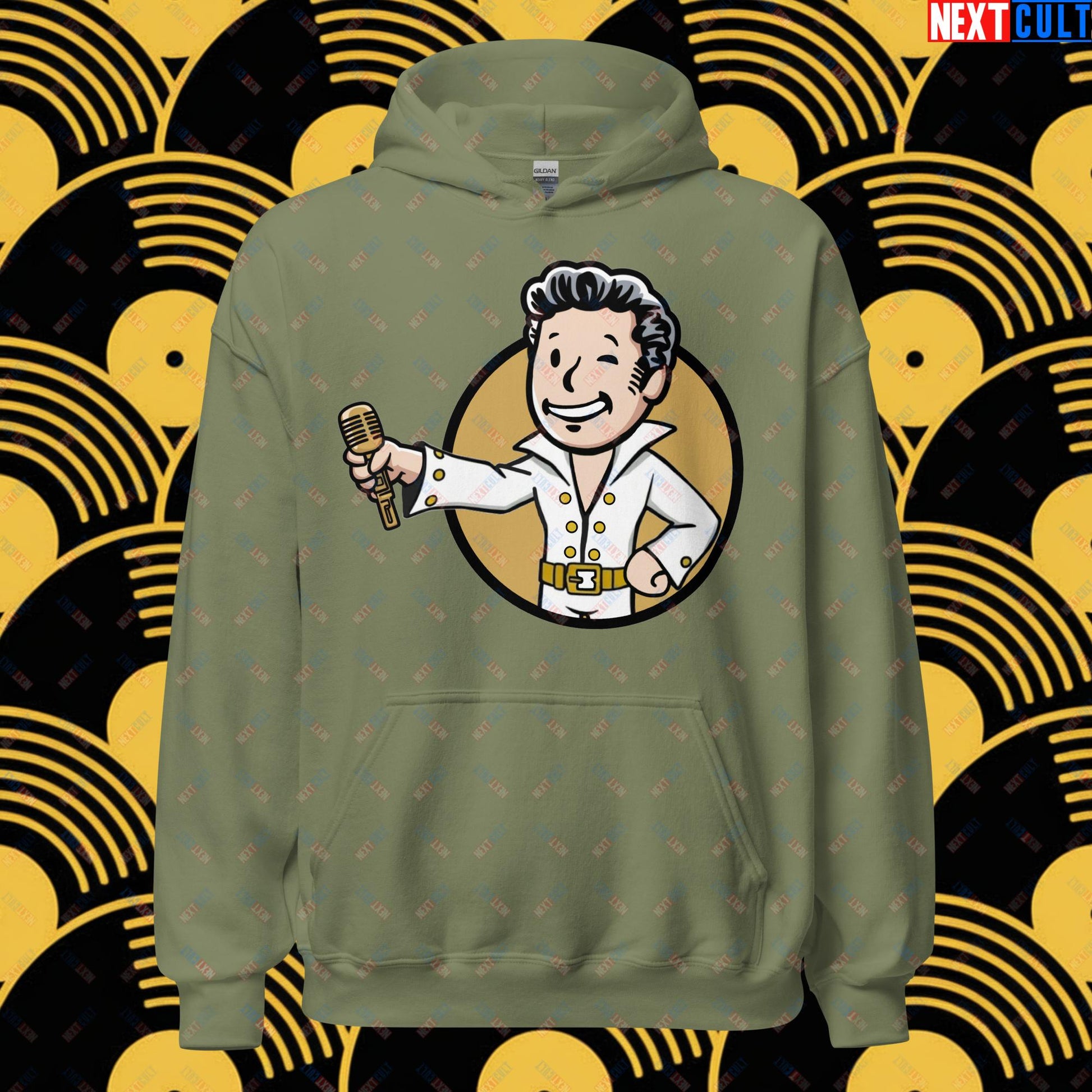 Rock 'n' Roll Boy Elvis Presley Music Vault Boy Fallout Funny Meme Cartoon Mashup Unisex Hoodie Military Green Hoodies Elvis Presley Fallout Music Vault Boy Next Cult Brand