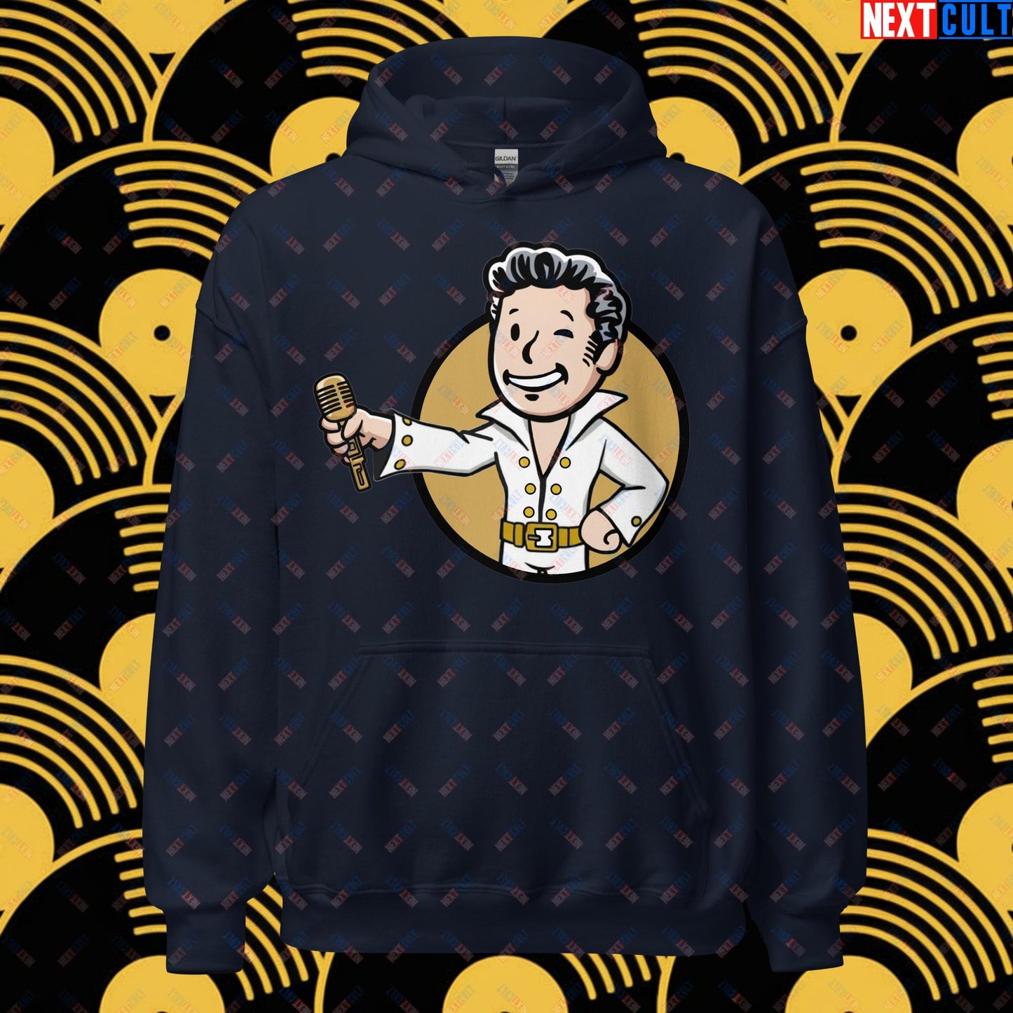 Rock 'n' Roll Boy Elvis Presley Music Vault Boy Fallout Funny Meme Cartoon Mashup Unisex Hoodie Navy Hoodies Elvis Presley Fallout Music Vault Boy Next Cult Brand