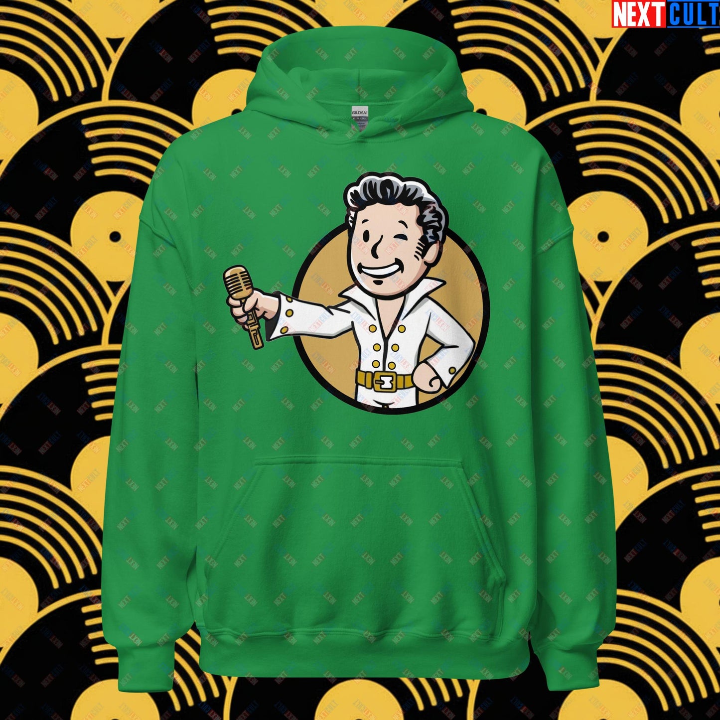 Rock 'n' Roll Boy Elvis Presley Music Vault Boy Fallout Funny Meme Cartoon Mashup Unisex Hoodie Irish Green Hoodies Elvis Presley Fallout Music Vault Boy Next Cult Brand