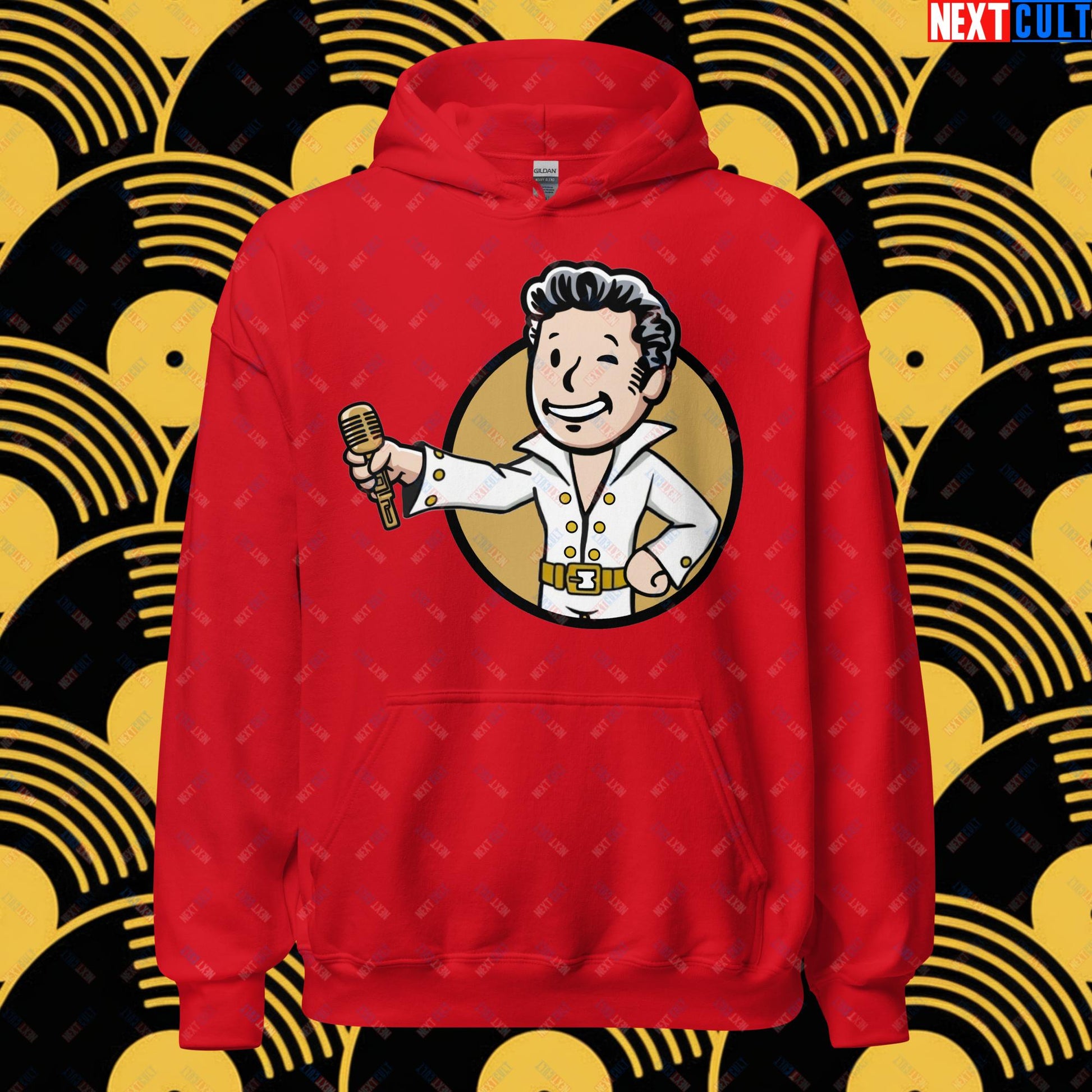 Rock 'n' Roll Boy Elvis Presley Music Vault Boy Fallout Funny Meme Cartoon Mashup Unisex Hoodie Red Hoodies Elvis Presley Fallout Music Vault Boy Next Cult Brand