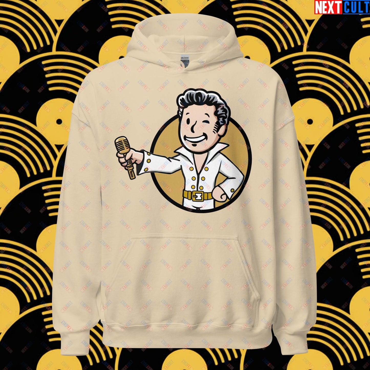 Rock 'n' Roll Boy Elvis Presley Music Vault Boy Fallout Funny Meme Cartoon Mashup Unisex Hoodie Sand Hoodies Elvis Presley Fallout Music Vault Boy Next Cult Brand