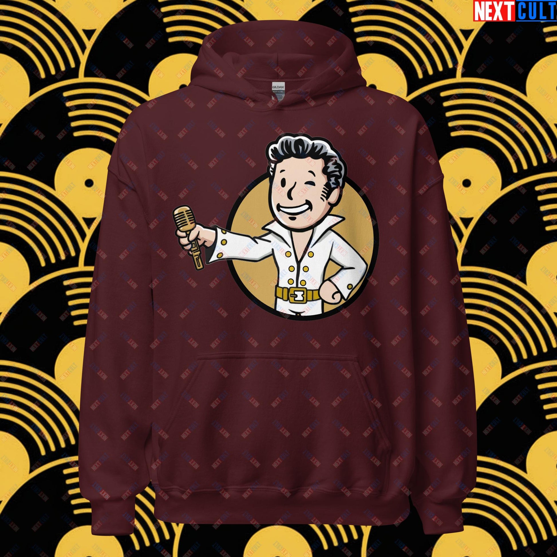 Rock 'n' Roll Boy Elvis Presley Music Vault Boy Fallout Funny Meme Cartoon Mashup Unisex Hoodie Maroon Hoodies Elvis Presley Fallout Music Vault Boy Next Cult Brand