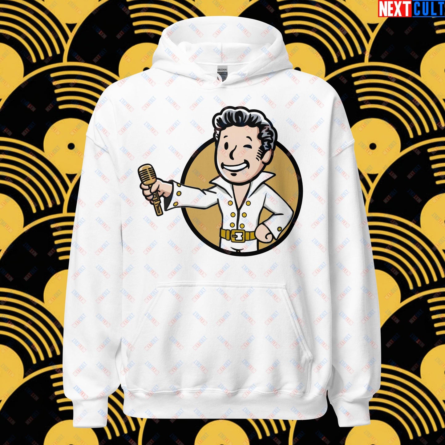 Rock 'n' Roll Boy Elvis Presley Music Vault Boy Fallout Funny Meme Cartoon Mashup Unisex Hoodie White Hoodies Elvis Presley Fallout Music Vault Boy Next Cult Brand