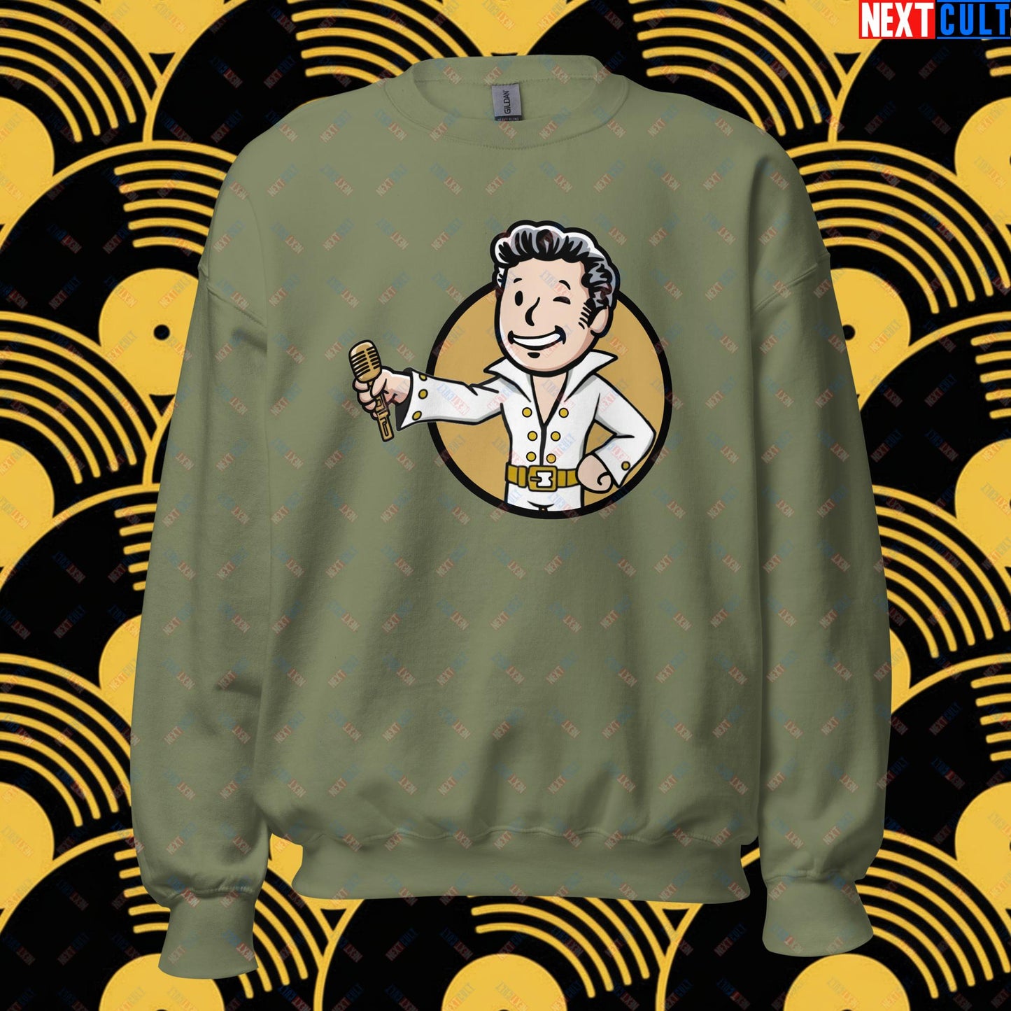 Rock 'n' Roll Boy Elvis Presley Music Vault Boy Fallout Funny Meme Cartoon Mashup Unisex Sweatshirt Military Green Sweatshirts Elvis Presley Fallout Music Vault Boy Next Cult Brand