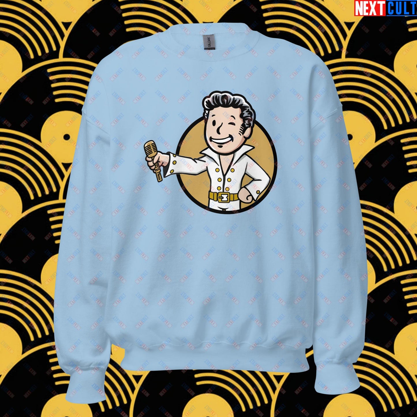 Rock 'n' Roll Boy Elvis Presley Music Vault Boy Fallout Funny Meme Cartoon Mashup Unisex Sweatshirt Light Blue Sweatshirts Elvis Presley Fallout Music Vault Boy Next Cult Brand