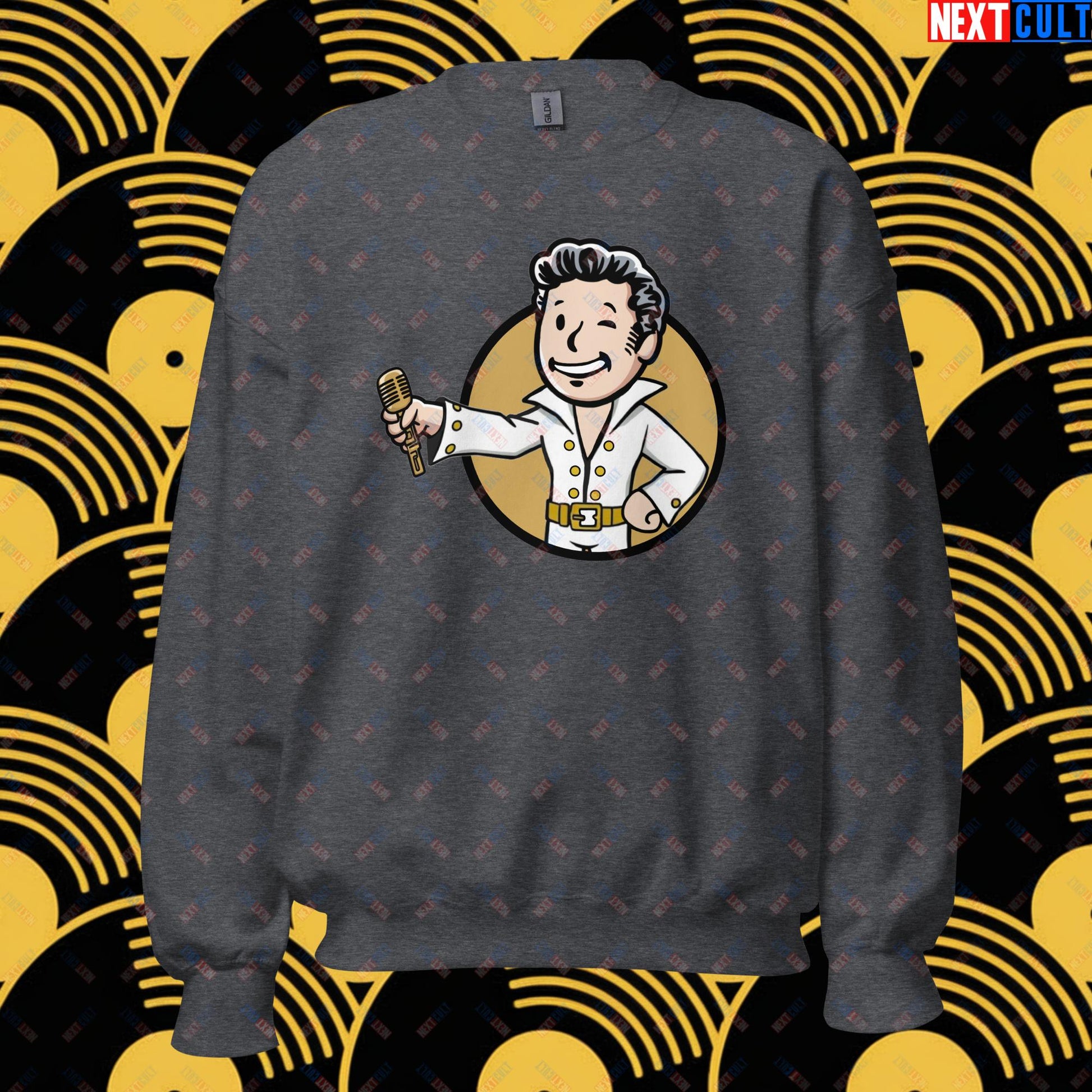 Rock 'n' Roll Boy Elvis Presley Music Vault Boy Fallout Funny Meme Cartoon Mashup Unisex Sweatshirt Dark Heather Sweatshirts Elvis Presley Fallout Music Vault Boy Next Cult Brand