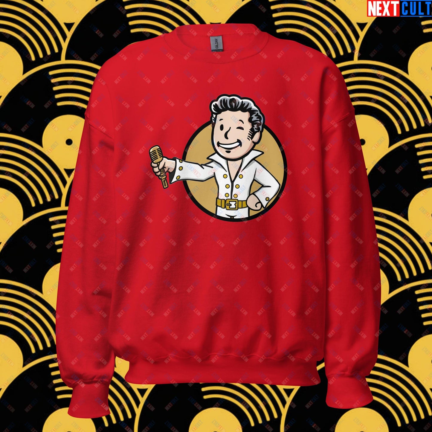 Rock 'n' Roll Boy Elvis Presley Music Vault Boy Fallout Funny Meme Cartoon Mashup Unisex Sweatshirt Red Sweatshirts Elvis Presley Fallout Music Vault Boy Next Cult Brand