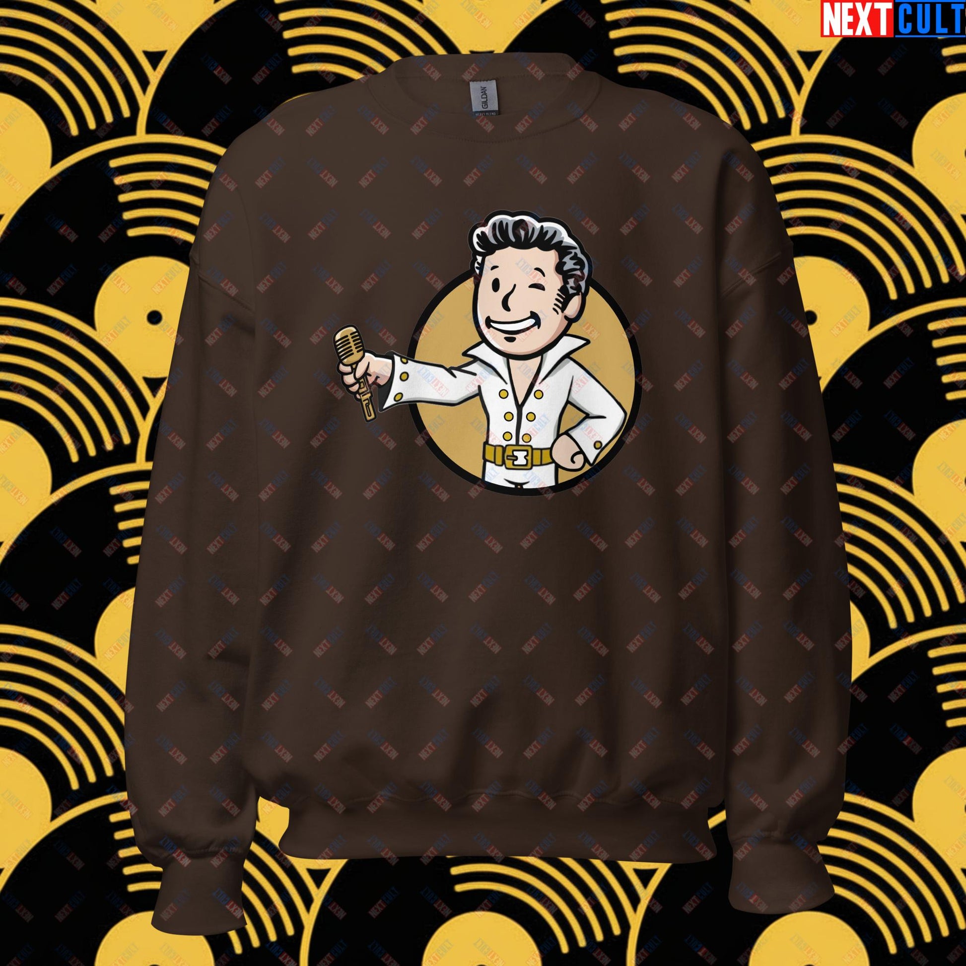 Rock 'n' Roll Boy Elvis Presley Music Vault Boy Fallout Funny Meme Cartoon Mashup Unisex Sweatshirt Dark Chocolate Sweatshirts Elvis Presley Fallout Music Vault Boy Next Cult Brand