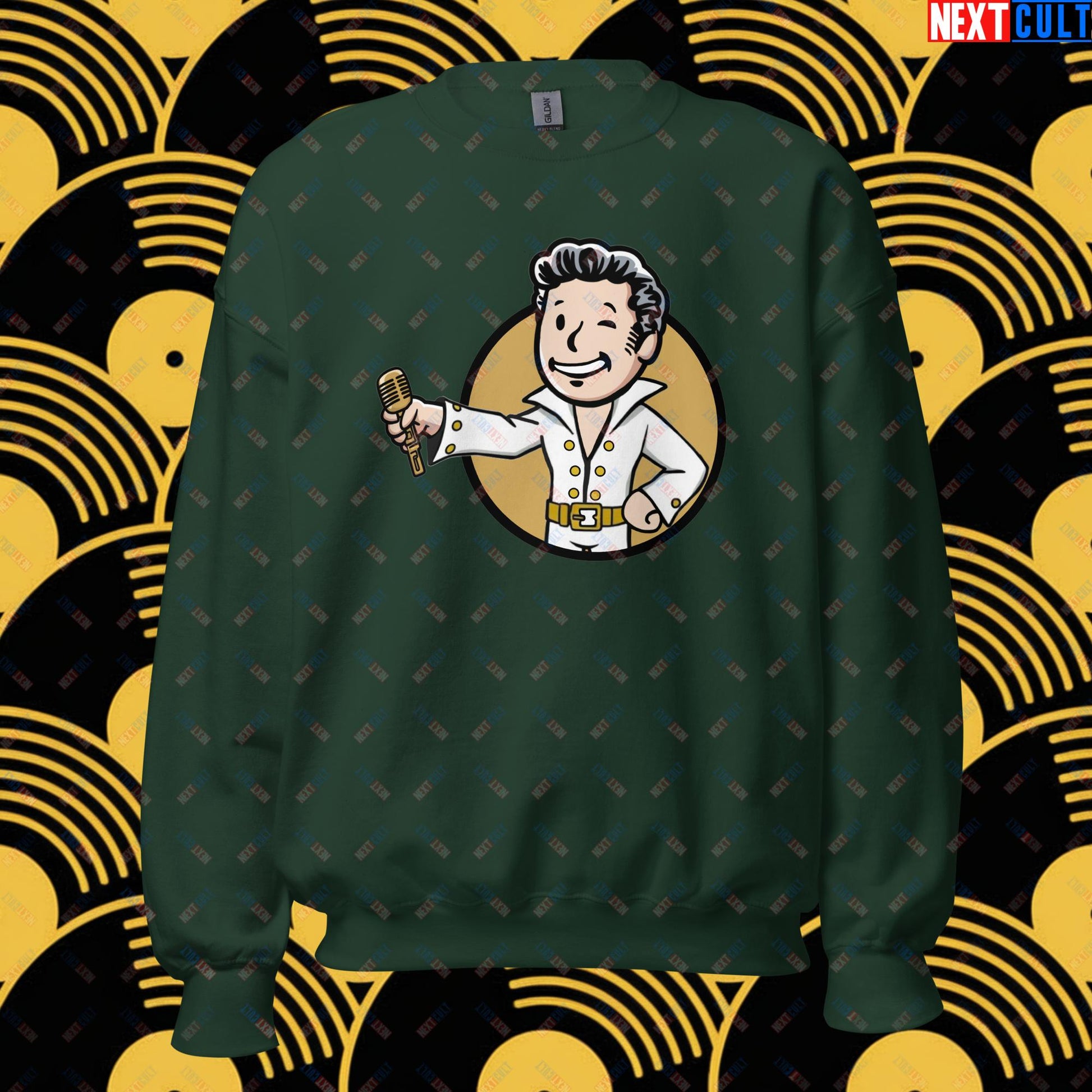 Rock 'n' Roll Boy Elvis Presley Music Vault Boy Fallout Funny Meme Cartoon Mashup Unisex Sweatshirt Forest Green Sweatshirts Elvis Presley Fallout Music Vault Boy Next Cult Brand