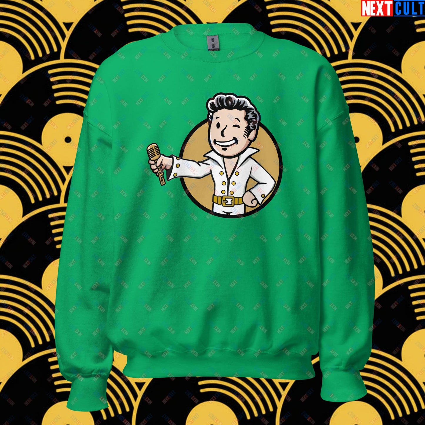 Rock 'n' Roll Boy Elvis Presley Music Vault Boy Fallout Funny Meme Cartoon Mashup Unisex Sweatshirt Irish Green Sweatshirts Elvis Presley Fallout Music Vault Boy Next Cult Brand