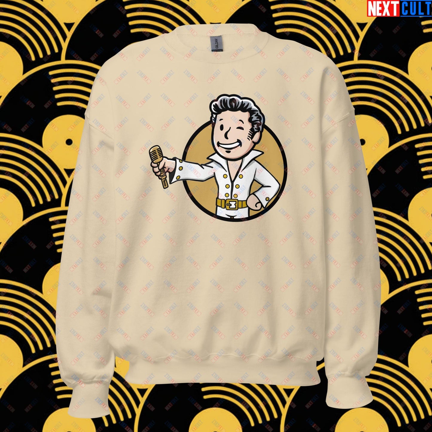 Rock 'n' Roll Boy Elvis Presley Music Vault Boy Fallout Funny Meme Cartoon Mashup Unisex Sweatshirt Sand Sweatshirts Elvis Presley Fallout Music Vault Boy Next Cult Brand