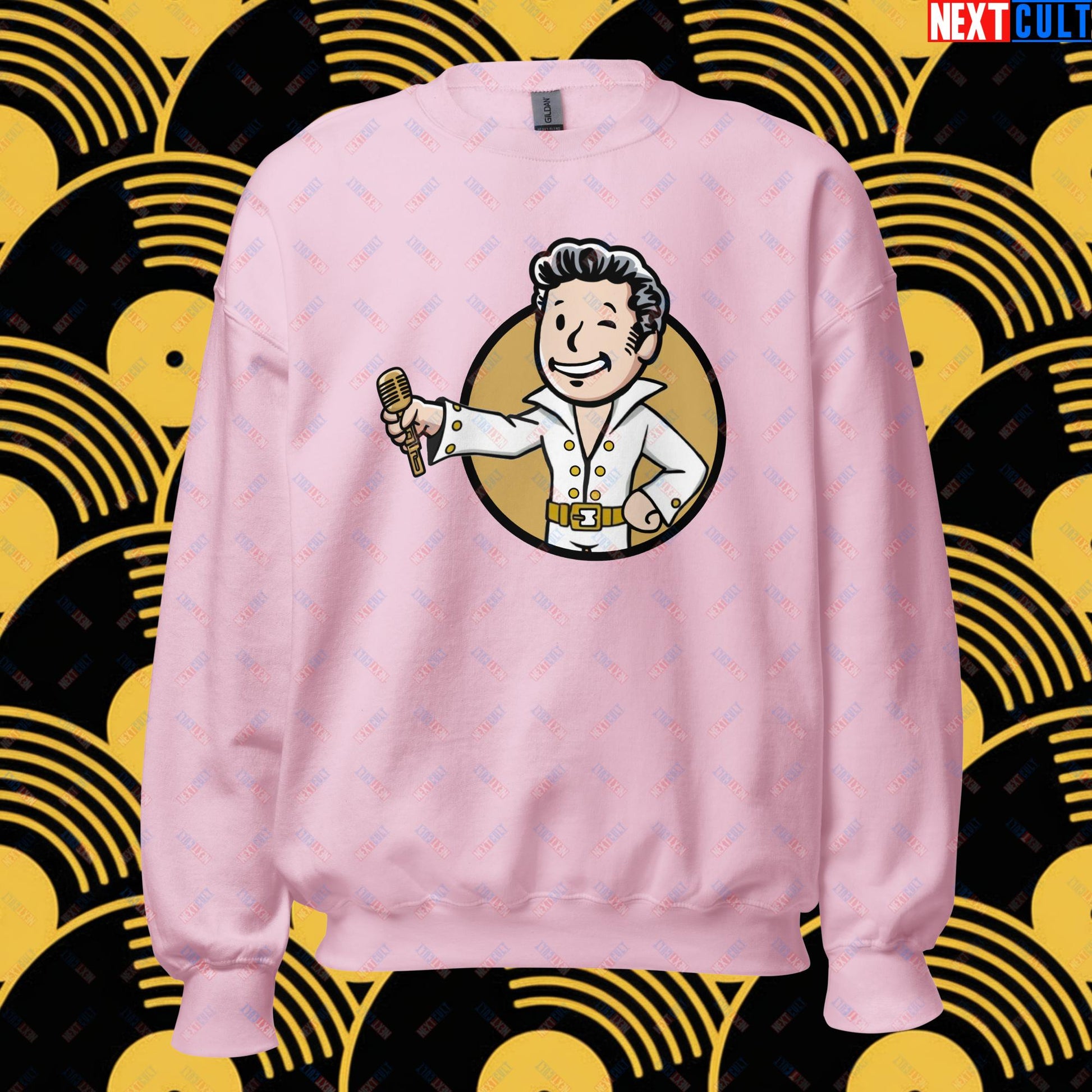 Rock 'n' Roll Boy Elvis Presley Music Vault Boy Fallout Funny Meme Cartoon Mashup Unisex Sweatshirt Light Pink Sweatshirts Elvis Presley Fallout Music Vault Boy Next Cult Brand