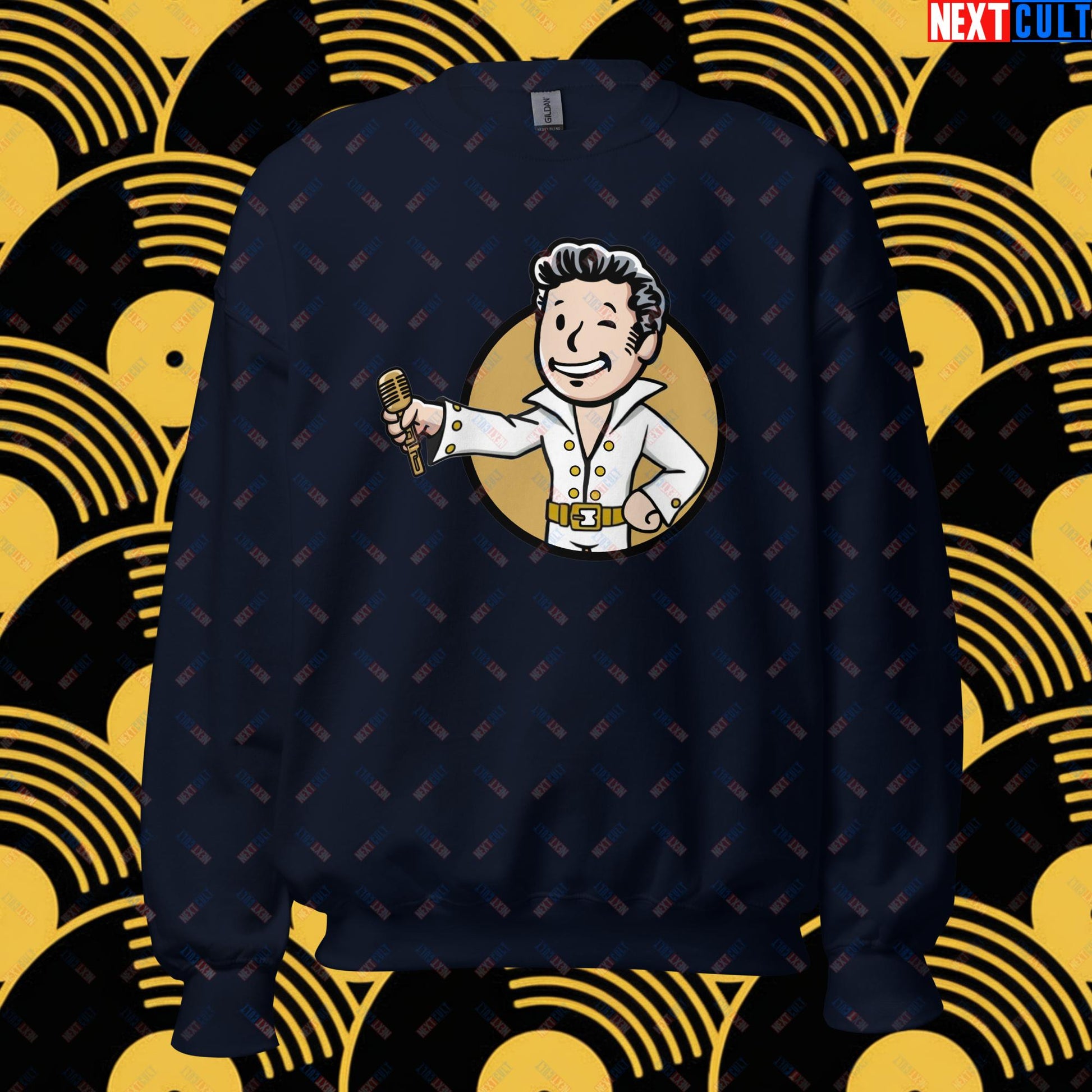 Rock 'n' Roll Boy Elvis Presley Music Vault Boy Fallout Funny Meme Cartoon Mashup Unisex Sweatshirt Navy Sweatshirts Elvis Presley Fallout Music Vault Boy Next Cult Brand