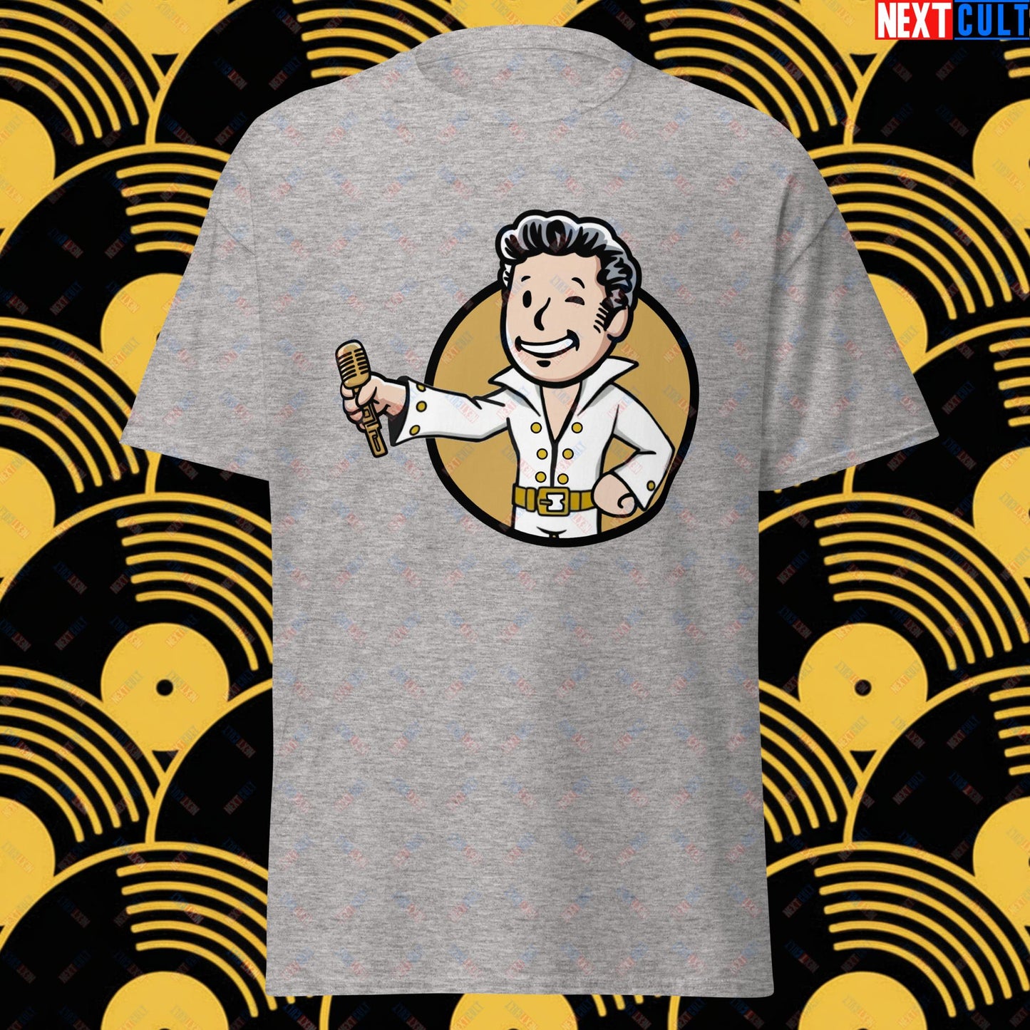 Rock 'n' Roll Boy Elvis Presley Music Vault Boy Fallout Funny Meme Cartoon Mashup Unisex tee Sport Grey T-shirts Elvis Presley Fallout Music Vault Boy Next Cult Brand