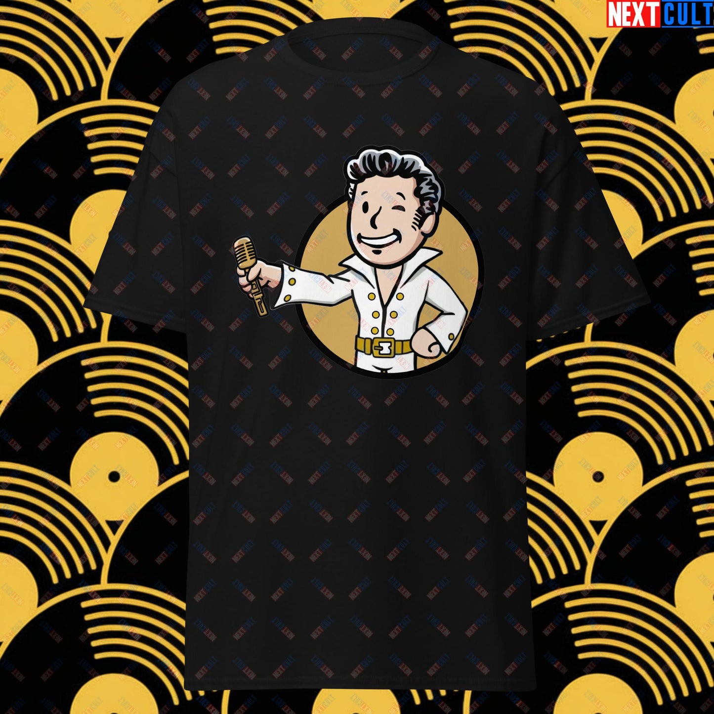 Rock 'n' Roll Boy Elvis Presley Music Vault Boy Fallout Funny Meme Cartoon Mashup Unisex tee Black T-shirts Elvis Presley Fallout Music Vault Boy Next Cult Brand