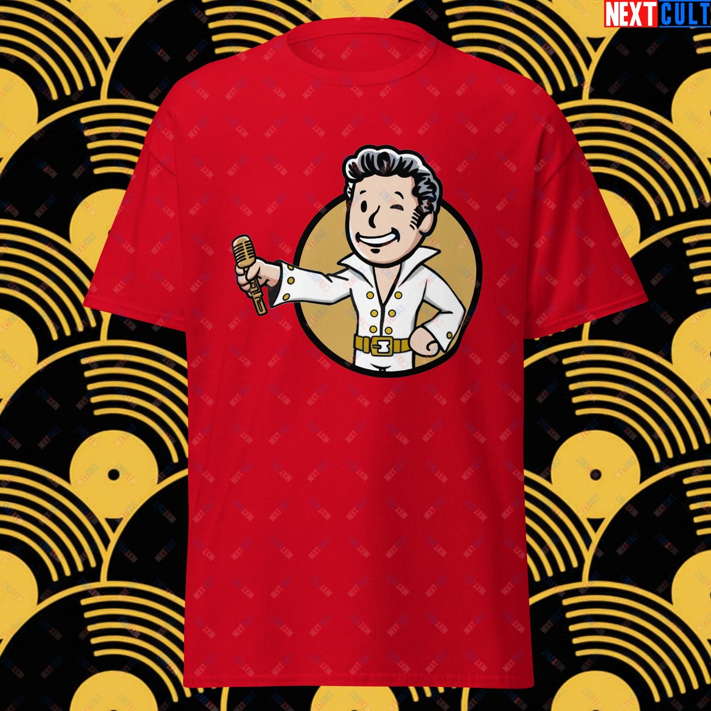 Rock 'n' Roll Boy Elvis Presley Music Vault Boy Fallout Funny Meme Cartoon Mashup Unisex tee Red T-shirts Elvis Presley Fallout Music Vault Boy Next Cult Brand