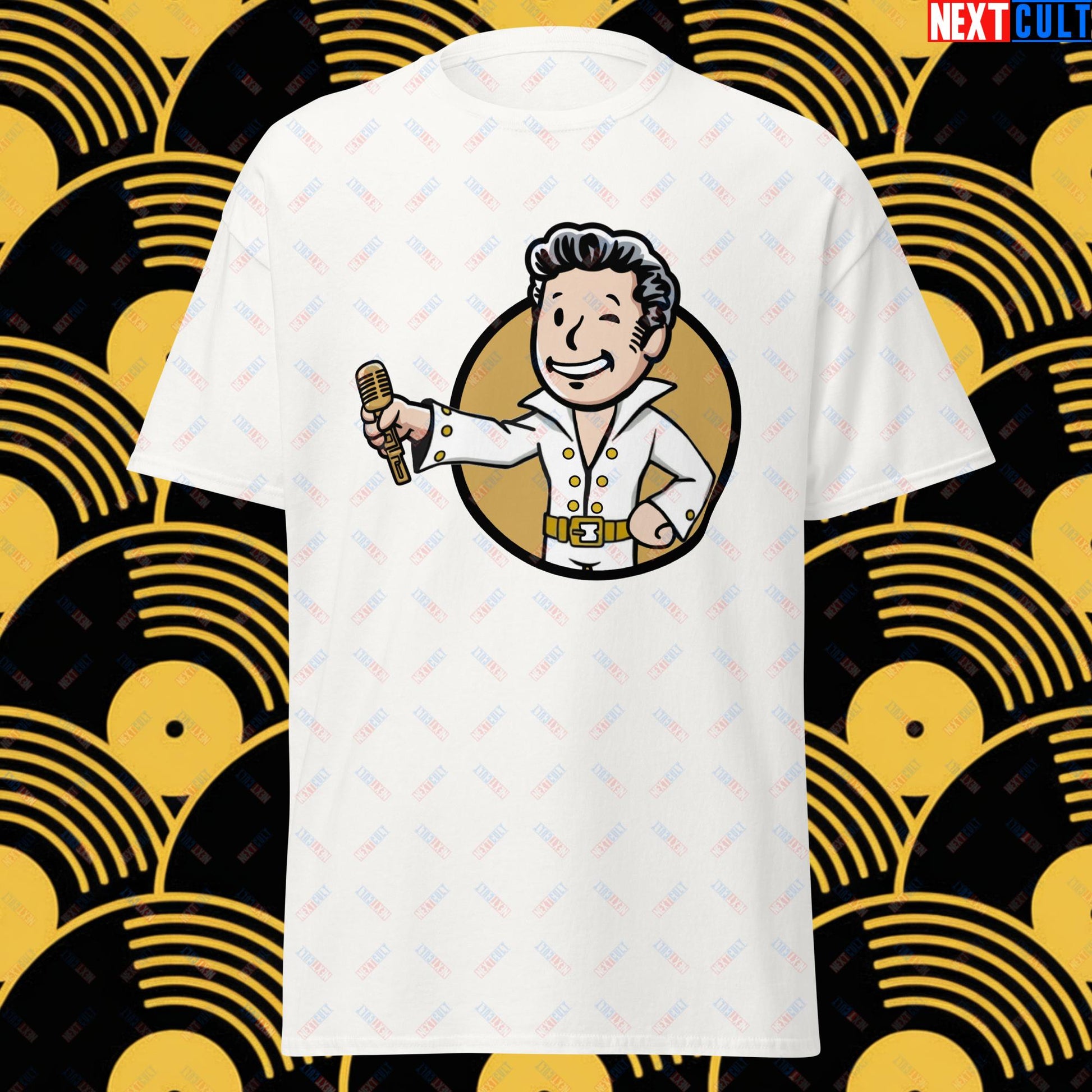 Rock 'n' Roll Boy Elvis Presley Music Vault Boy Fallout Funny Meme Cartoon Mashup Unisex tee White T-shirts Elvis Presley Fallout Music Vault Boy Next Cult Brand