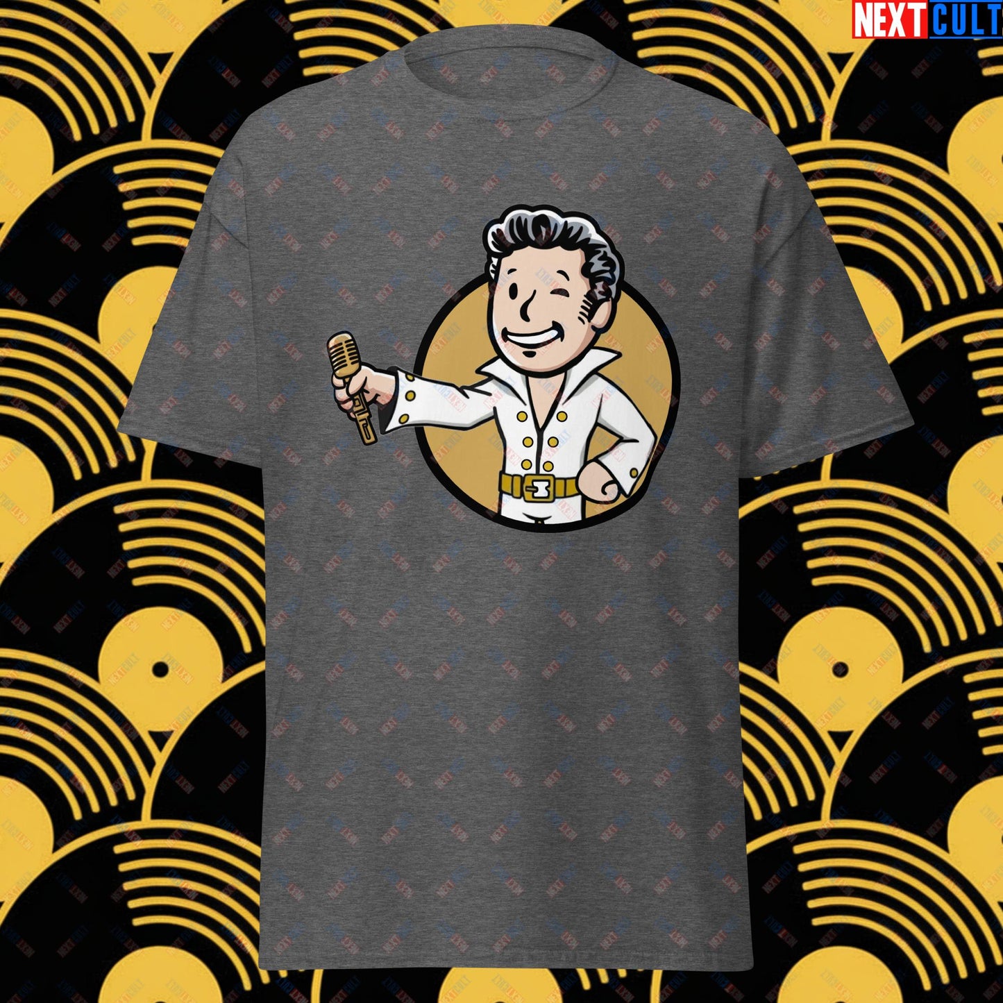 Rock 'n' Roll Boy Elvis Presley Music Vault Boy Fallout Funny Meme Cartoon Mashup Unisex tee Dark Heather T-shirts Elvis Presley Fallout Music Vault Boy Next Cult Brand