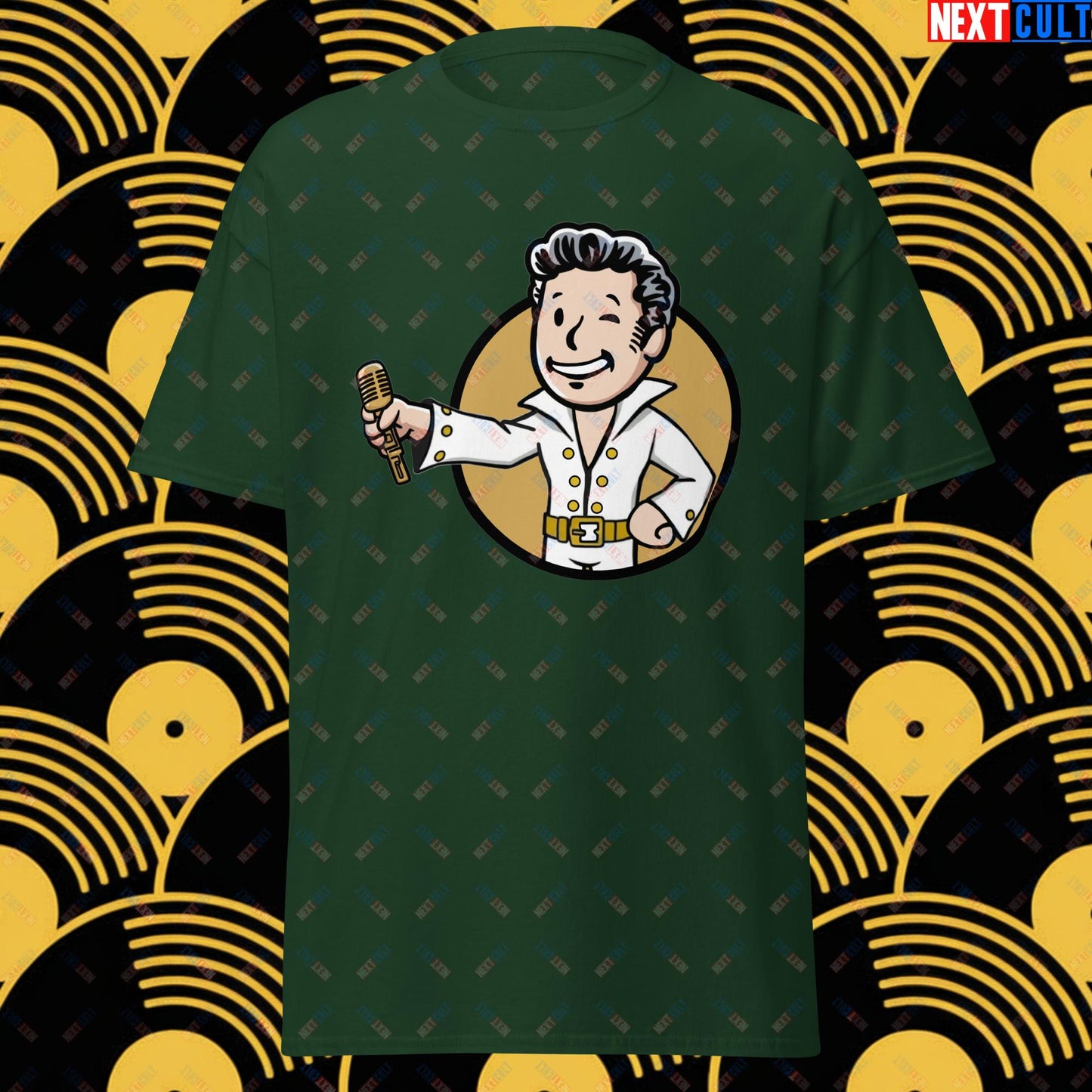 Rock 'n' Roll Boy Elvis Presley Music Vault Boy Fallout Funny Meme Cartoon Mashup Unisex tee Forest Green T-shirts Elvis Presley Fallout Music Vault Boy Next Cult Brand