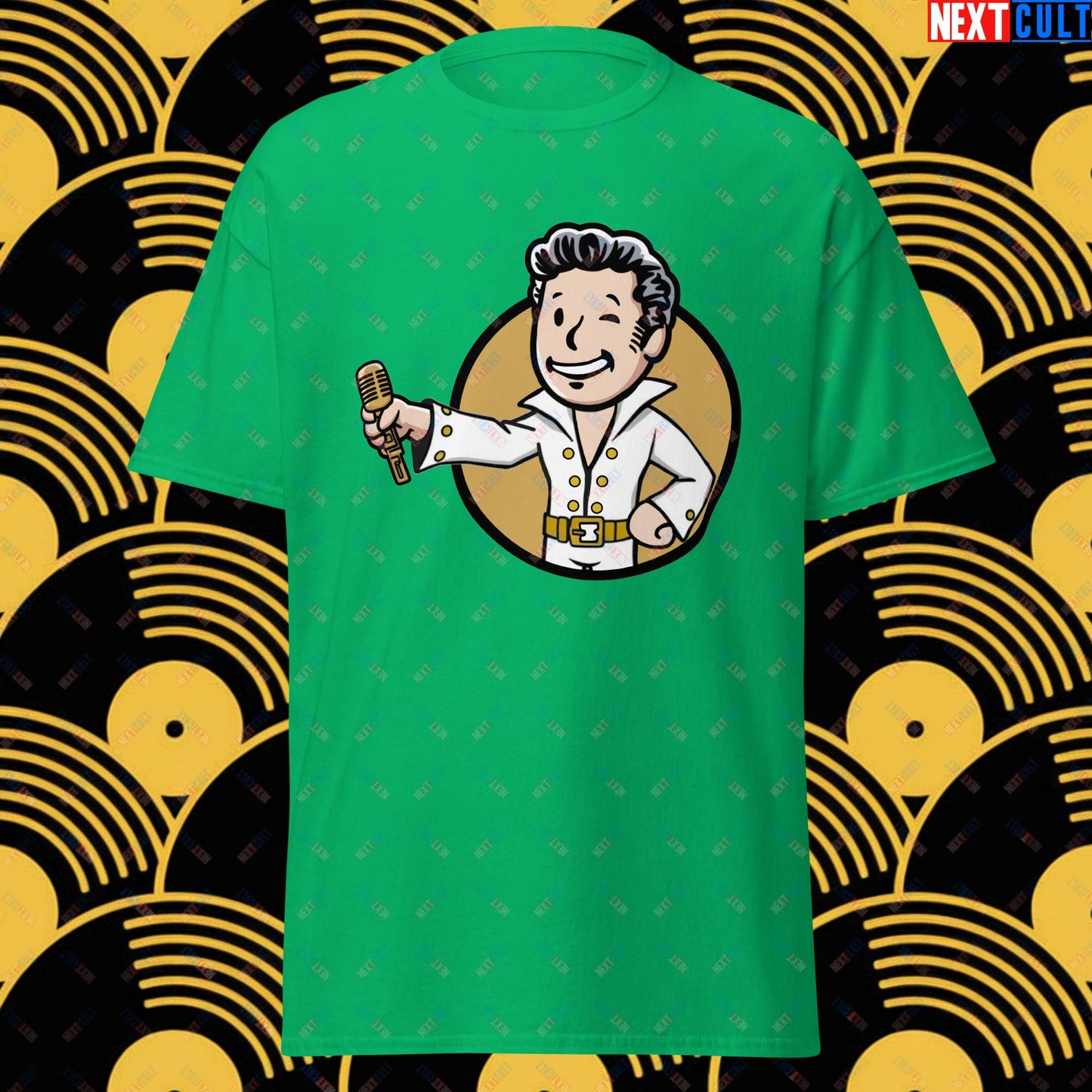 Rock 'n' Roll Boy Elvis Presley Music Vault Boy Fallout Funny Meme Cartoon Mashup Unisex tee Irish Green T-shirts Elvis Presley Fallout Music Vault Boy Next Cult Brand