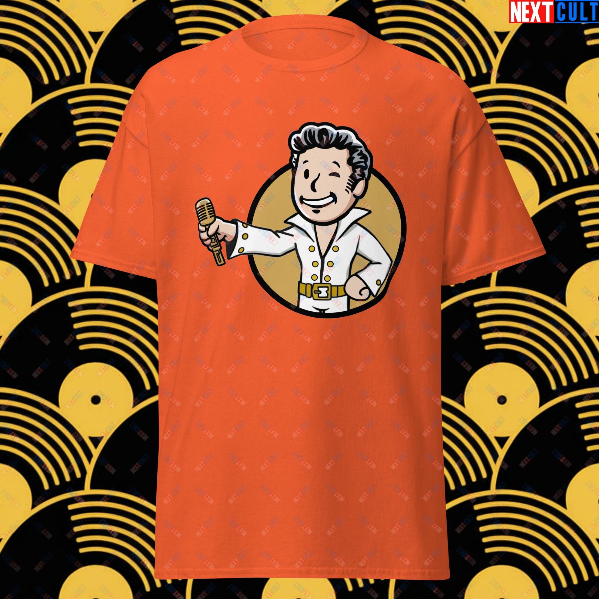 Rock 'n' Roll Boy Elvis Presley Music Vault Boy Fallout Funny Meme Cartoon Mashup Unisex tee Orange T-shirts Elvis Presley Fallout Music Vault Boy Next Cult Brand