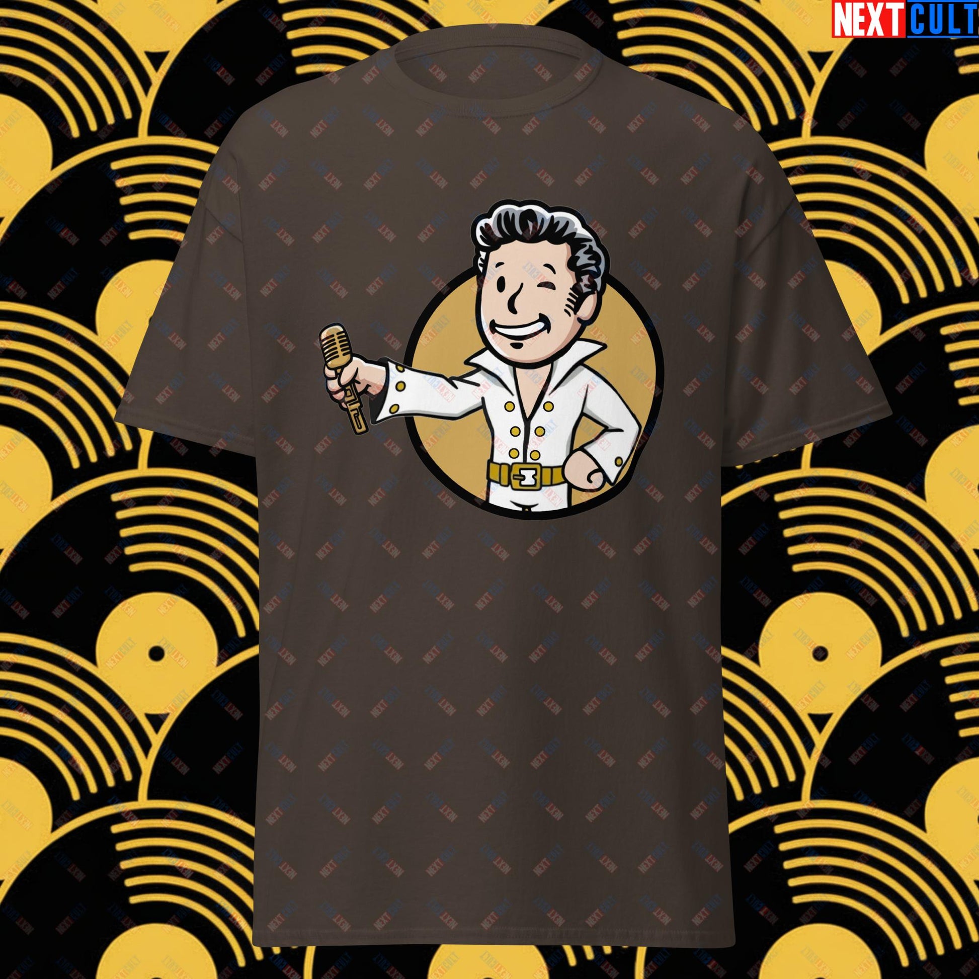 Rock 'n' Roll Boy Elvis Presley Music Vault Boy Fallout Funny Meme Cartoon Mashup Unisex tee Dark Chocolate T-shirts Elvis Presley Fallout Music Vault Boy Next Cult Brand