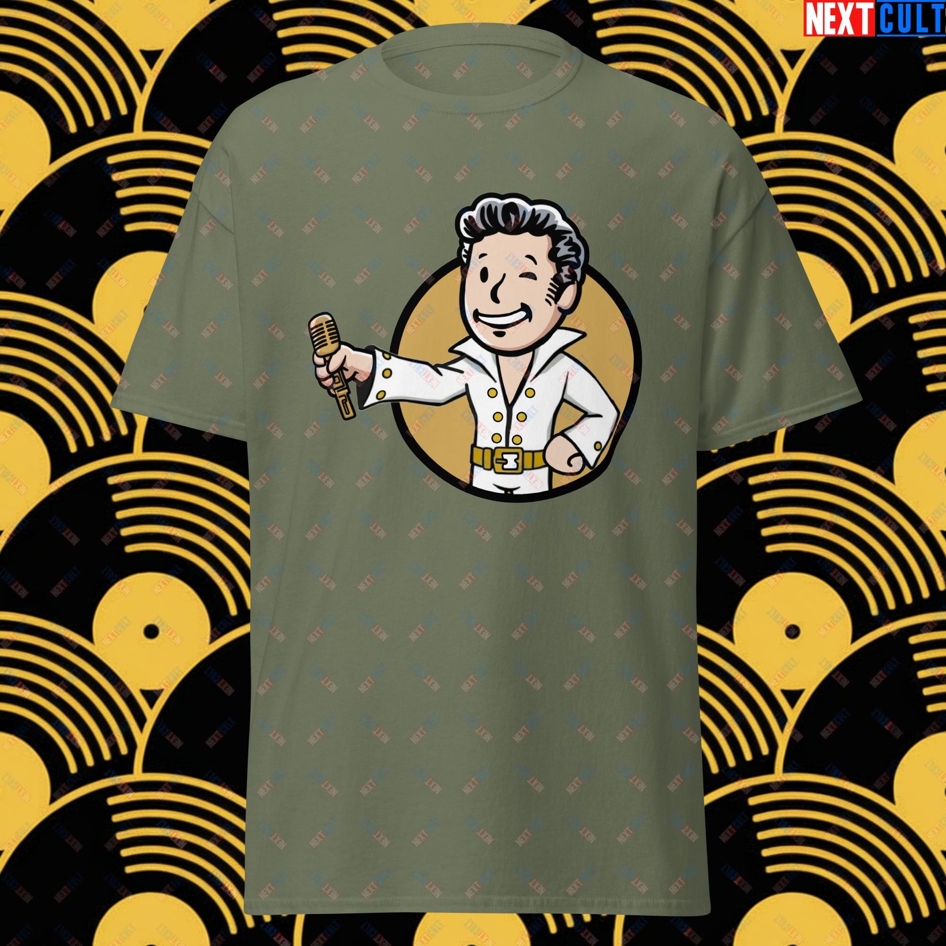 Rock 'n' Roll Boy Elvis Presley Music Vault Boy Fallout Funny Meme Cartoon Mashup Unisex tee Military Green T-shirts Elvis Presley Fallout Music Vault Boy Next Cult Brand