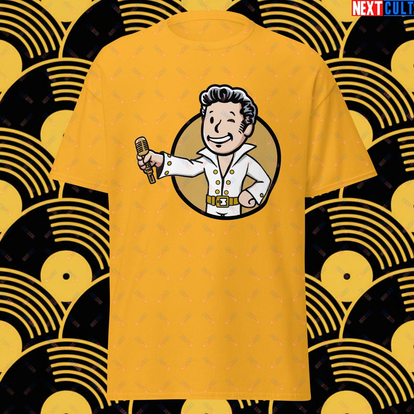 Rock 'n' Roll Boy Elvis Presley Music Vault Boy Fallout Funny Meme Cartoon Mashup Unisex tee Gold T-shirts Elvis Presley Fallout Music Vault Boy Next Cult Brand