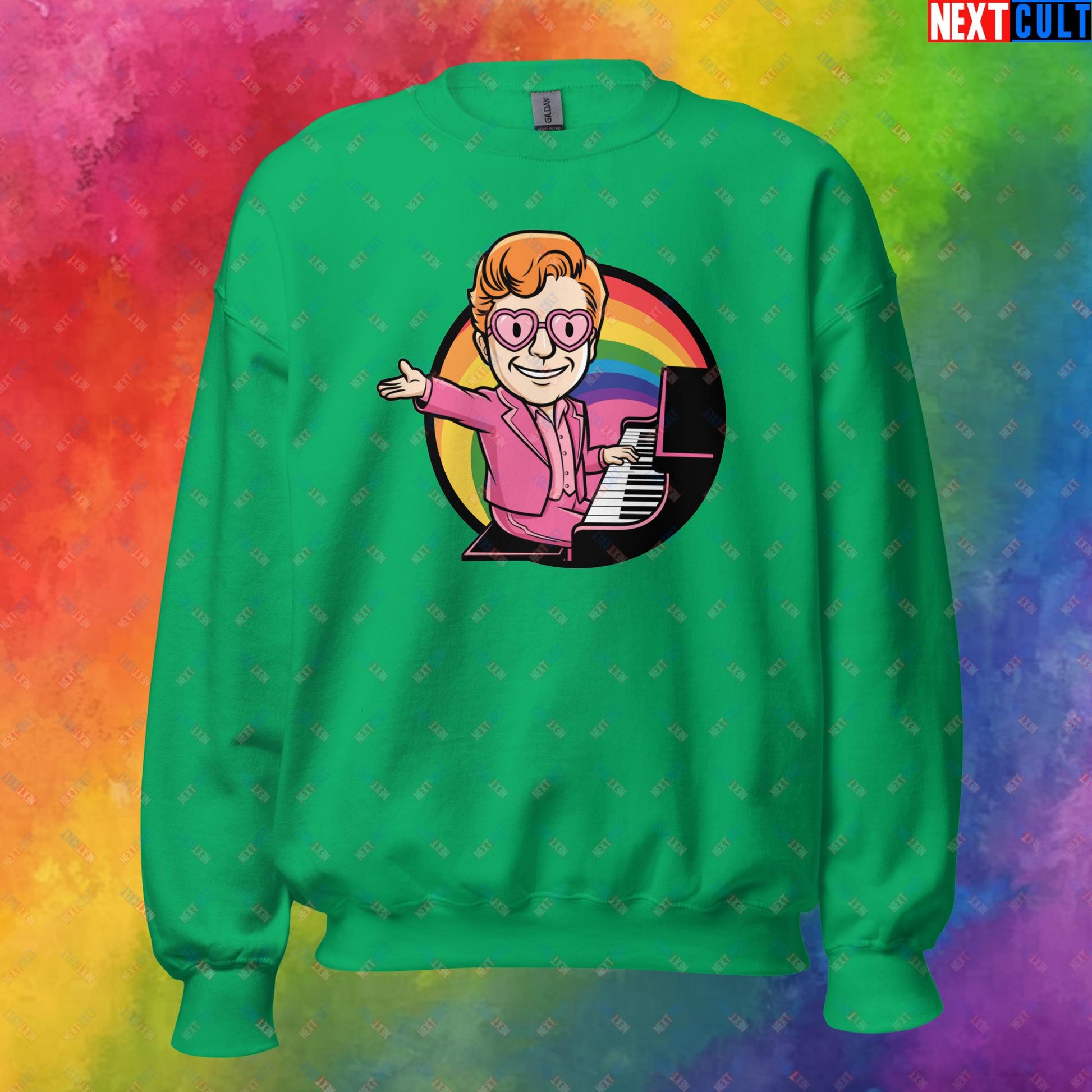 Rocket Boy Elton John Music Vault Boy Fallout Funny Meme Cartoon Mashup Unisex Sweatshirt Irish Green Sweatshirts Elton John Fallout Music Vault Boy Next Cult Brand